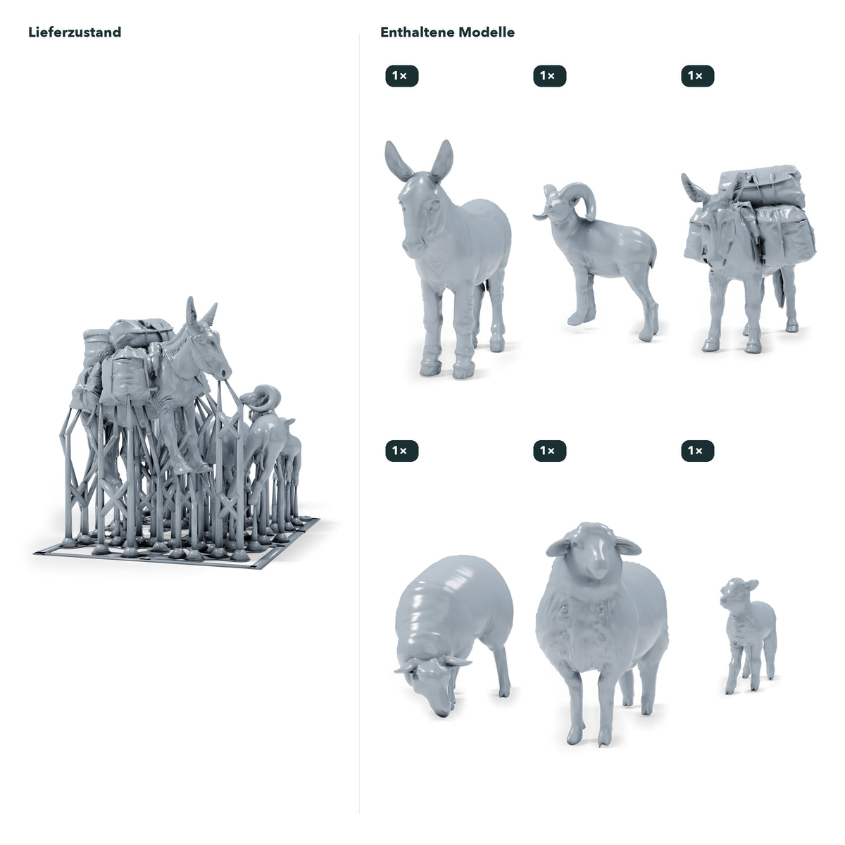Diorama model-making product photo 1: Farm animal diorama miniatures: donkey, sheep, ram and lamb (h0_55)