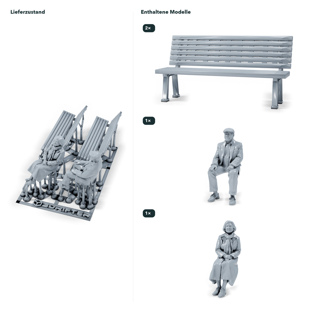 Diorama Modellbau Produktfoto 1: Diorama Figuren Set: Älteres Paar mit zwei Parkbänken (h0_38)