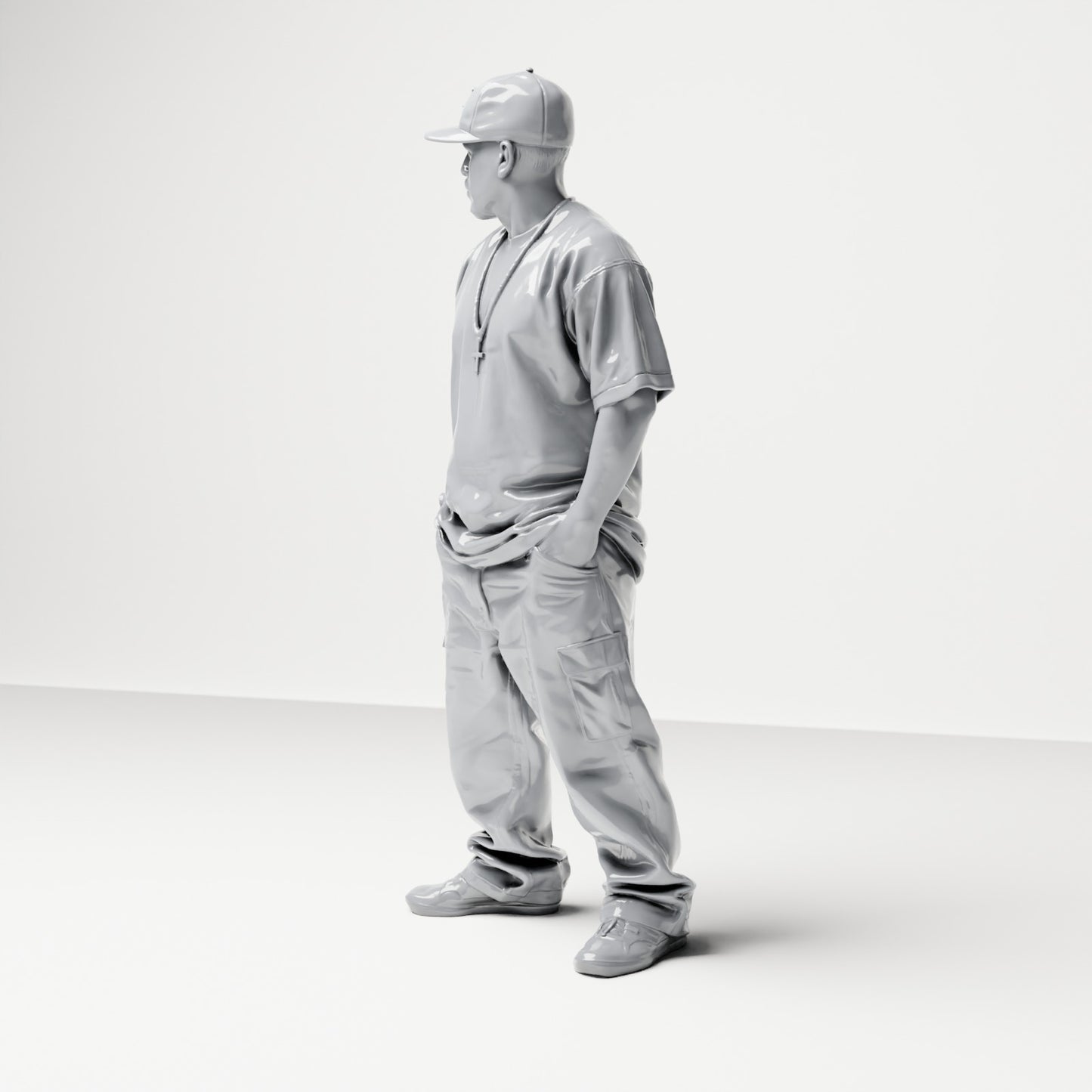 Diorama model building product photo 1: Standing figure: passerby with baseball cap & chain, hands in pockets (B026)