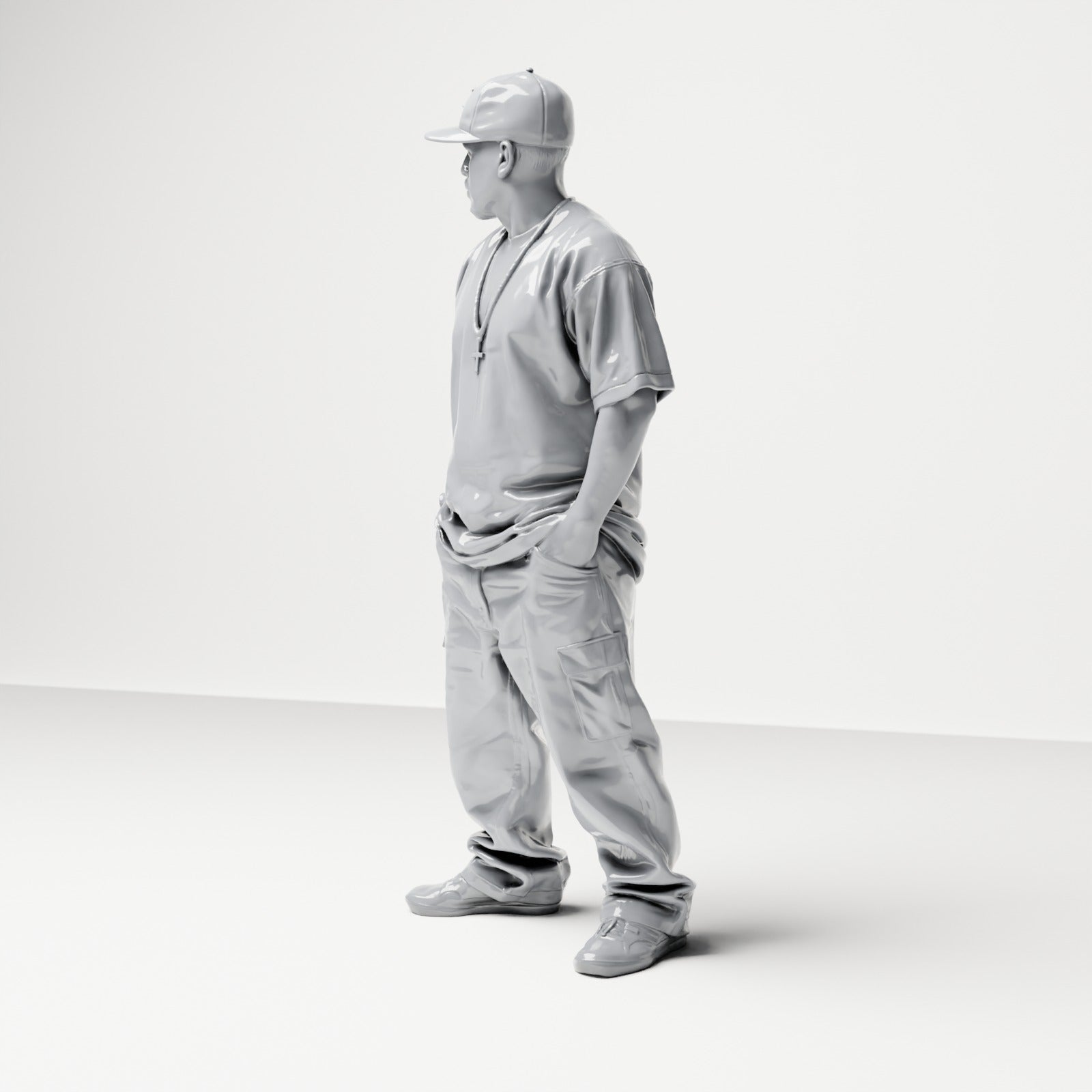 Diorama model building product photo 1: Standing figure: passerby with baseball cap & chain, hands in pockets (B026)