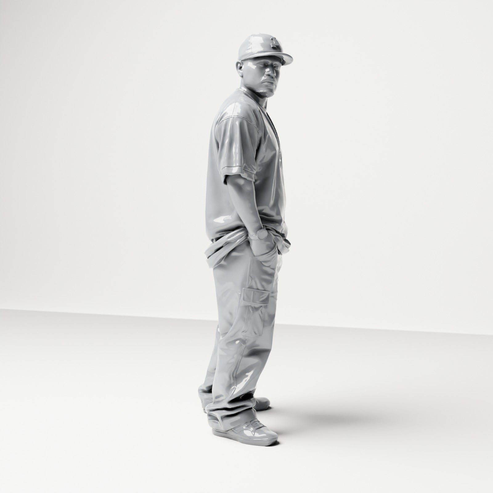 Diorama model building product photo 3: Standing figure: Passerby with baseball cap & chain, hands in pockets (B026)