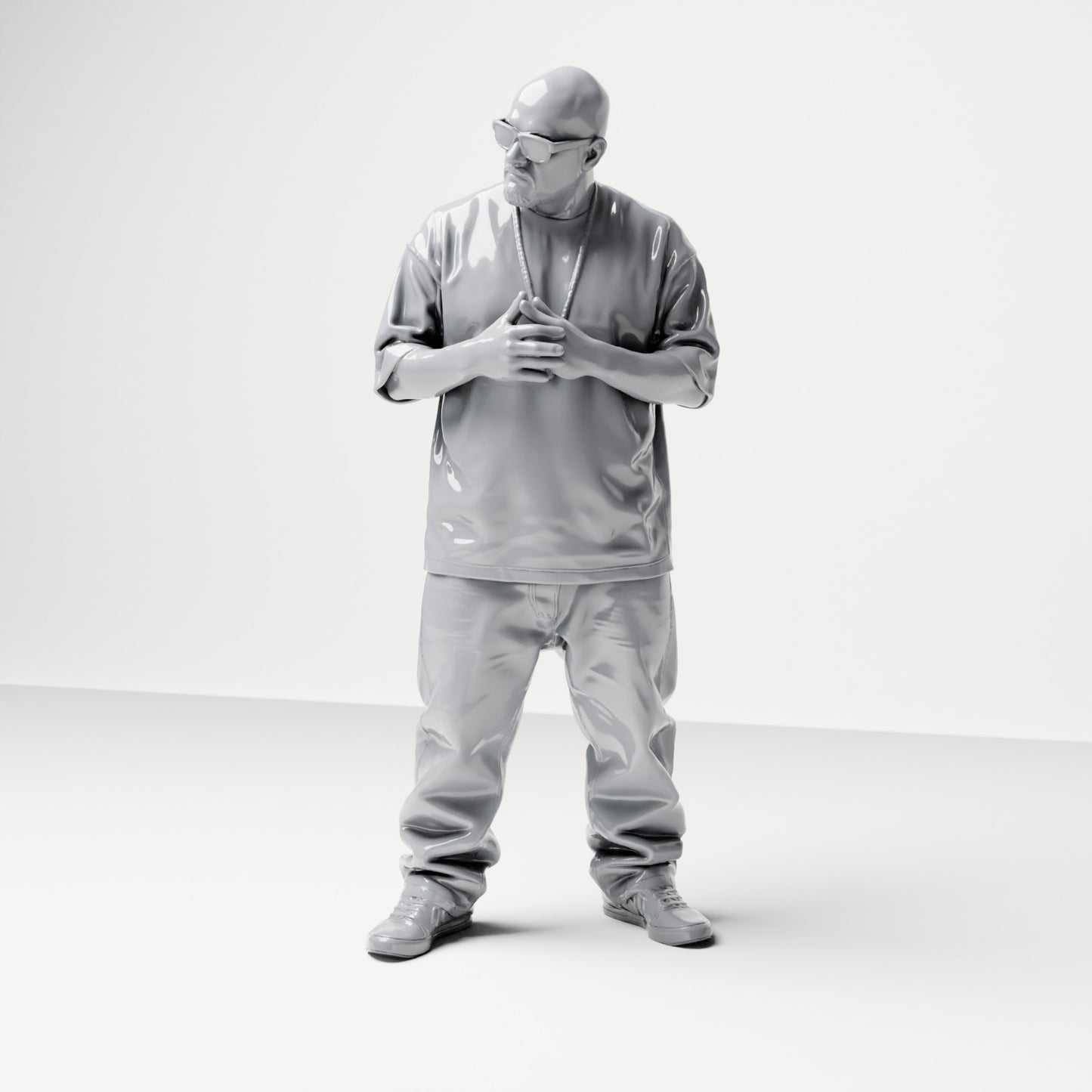 Diorama model building product photo 0: Standing figure: Man with sunglasses & chain, hands in front of chest, loose shirt & pants (B028)