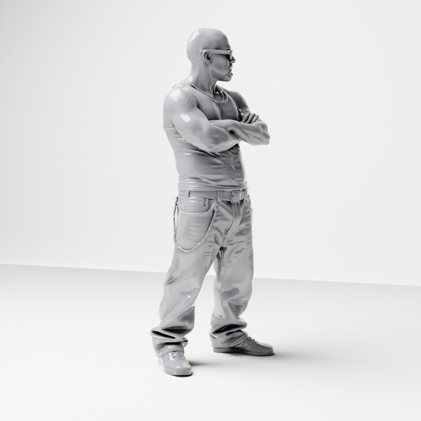 Diorama model building product photo 3: Standing figure: Person with crossed arms, sunglasses & sleeveless top, wide pants (B029)