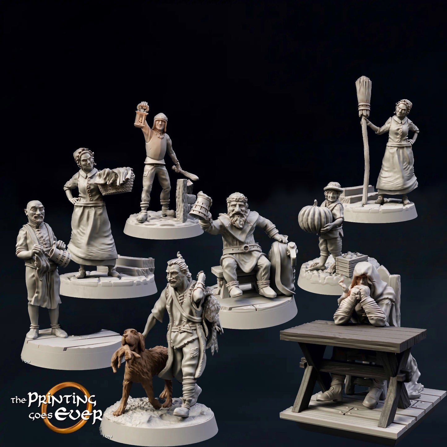 Product photo Tabletop 28mm The Printing Goes Ever On (TPGEO) 0: Medieval townsfolk and tavern guests: Innkeeper, guard, hunter, farmer, maid, guest, traveler