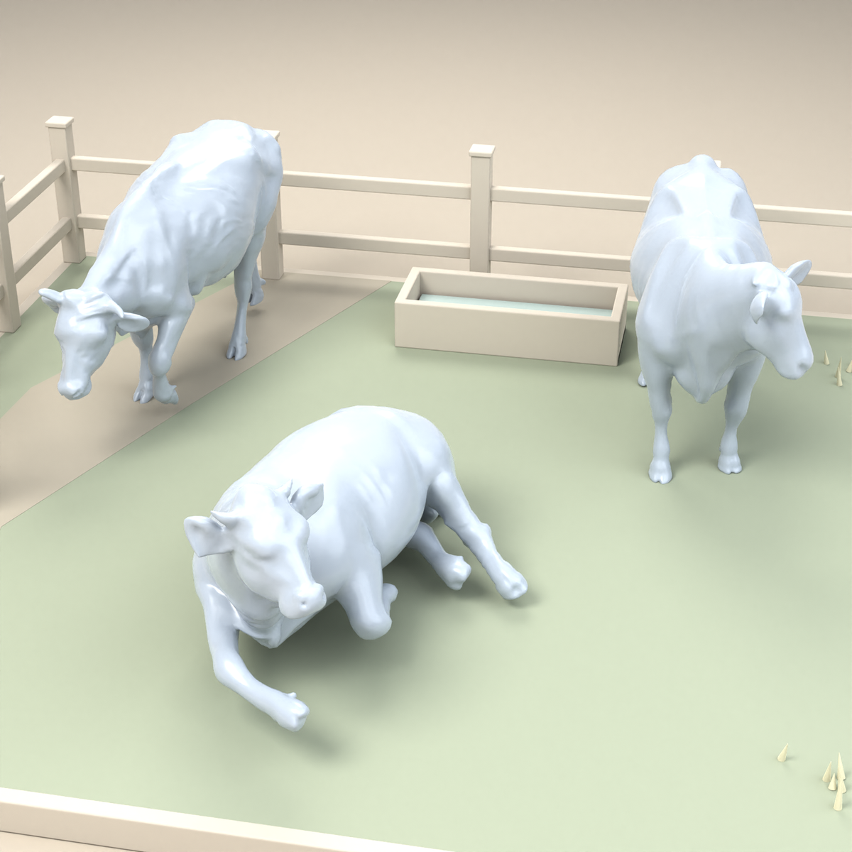 Diorama model-building product photo 2: diorama miniature cattle: three cows in standing, walking, and lying poses (h0_53)