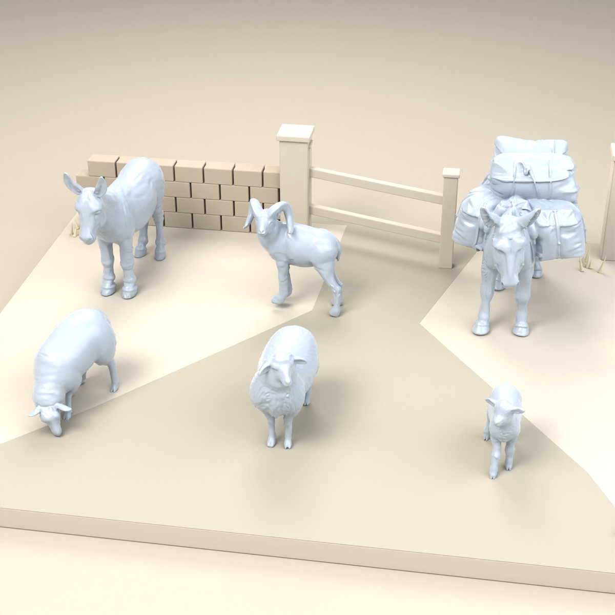 Diorama modelling product photo 2: Farm animal diorama miniatures: donkey, sheep, ram and lamb (h0_55)