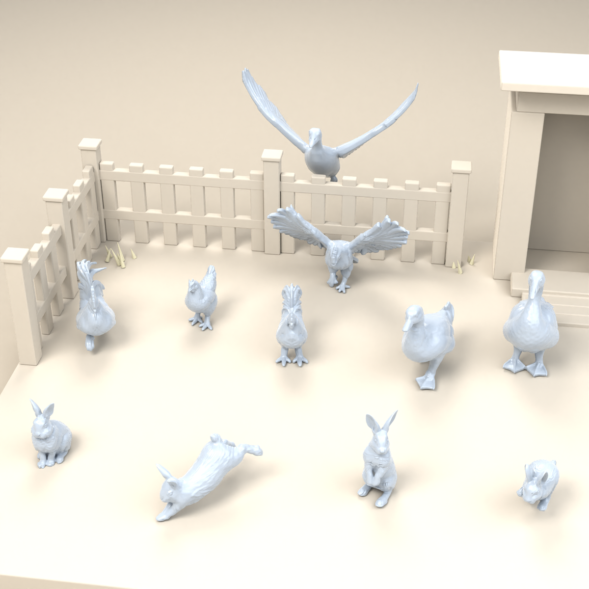 Diorama model-building product photo 2: Farm animal diorama miniatures: chickens, ducks, goose and rabbits (h0_51)