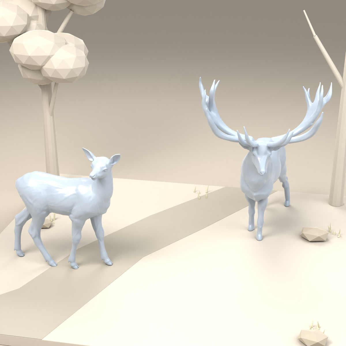 Diorama modeling product photo 2: Wildlife diorama miniature: stag and doe (h0_47)