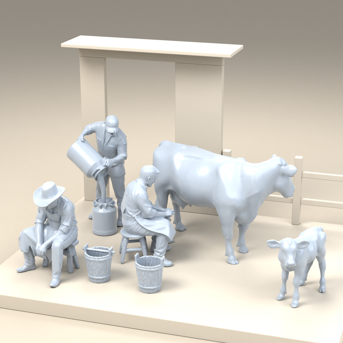 Diorama Modellbau Produktfoto 2: Diorama Bauernhof Set: Melkszene mit Bauern, Kuh, Kalb und Eimern (h0_33)