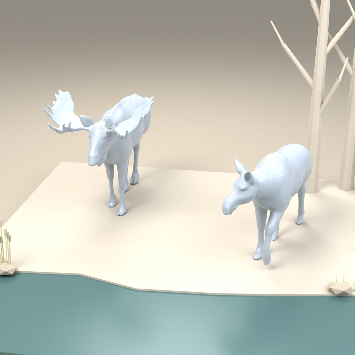 Diorama model-making product photo 2: Wildlife diorama miniature: bull moose and cow moose (h0_48)