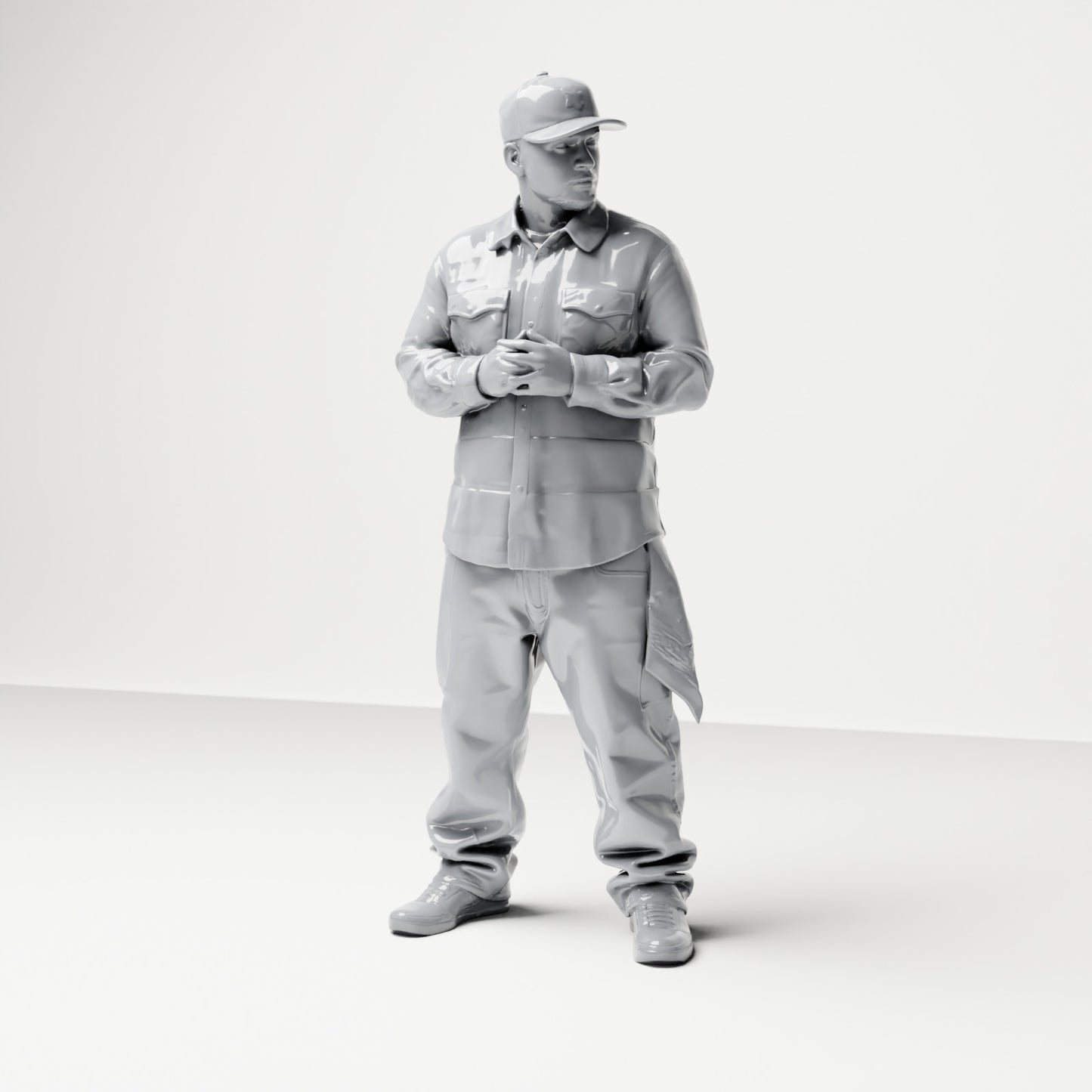 Diorama model building product photo 0: Standing figure: Man with cap & folded hands, shirt with chest pockets, cloth in pocket (B030)