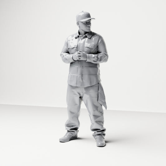 Diorama model building product photo 0: Standing figure: Man with cap & folded hands, shirt with chest pockets, cloth in pocket (B030)