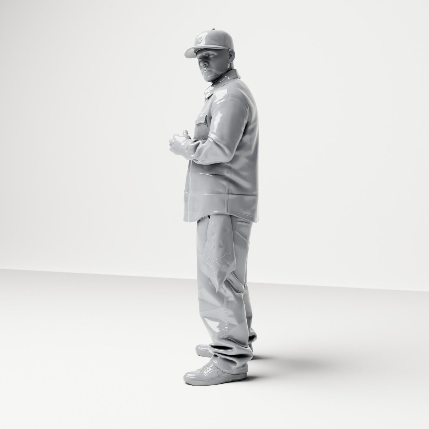 Diorama model building product photo 1: Standing figure: Man with cap & folded hands, shirt with breast pockets, cloth in pocket (B030)