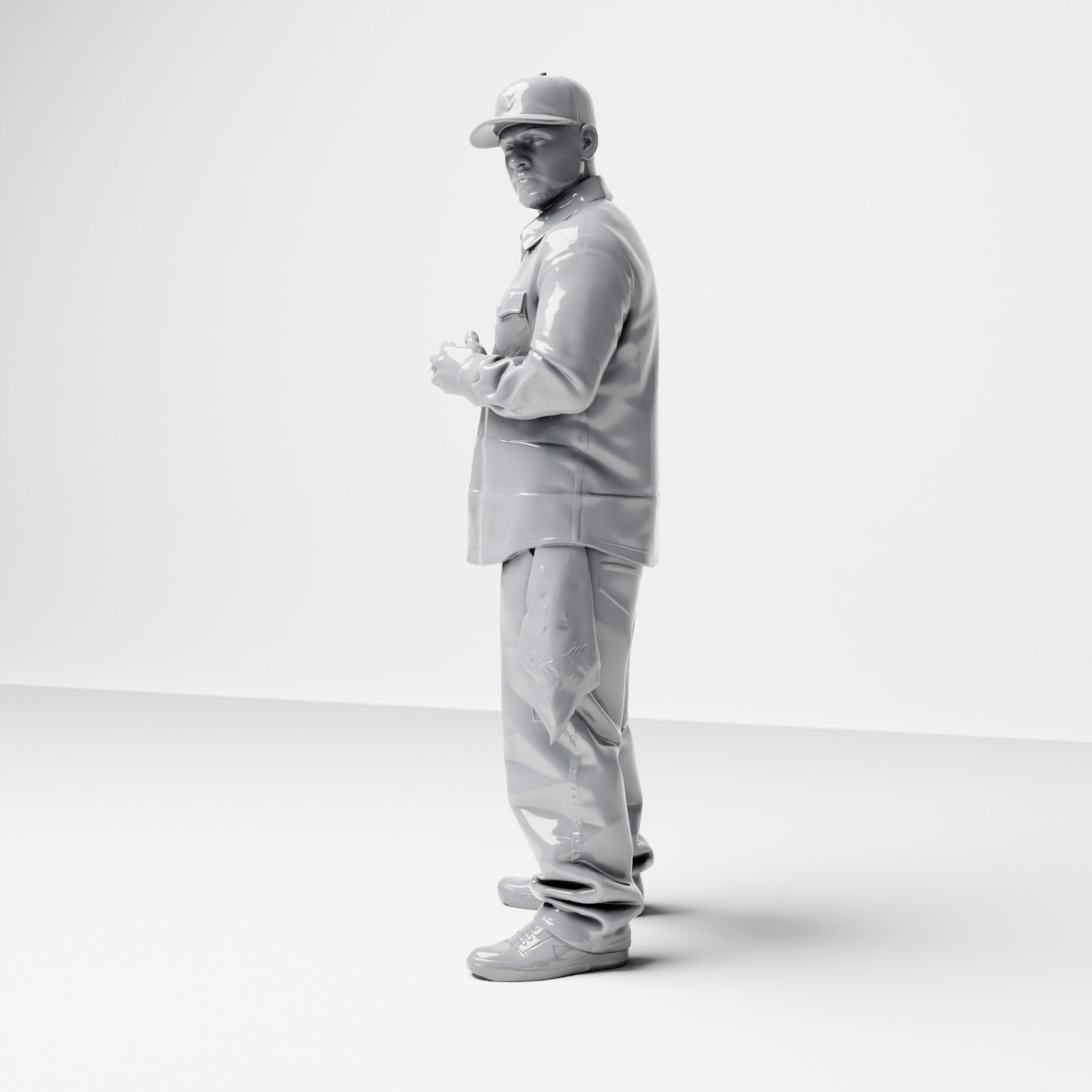 Diorama model building product photo 1: Standing figure: Man with cap & folded hands, shirt with breast pockets, cloth in pocket (B030)