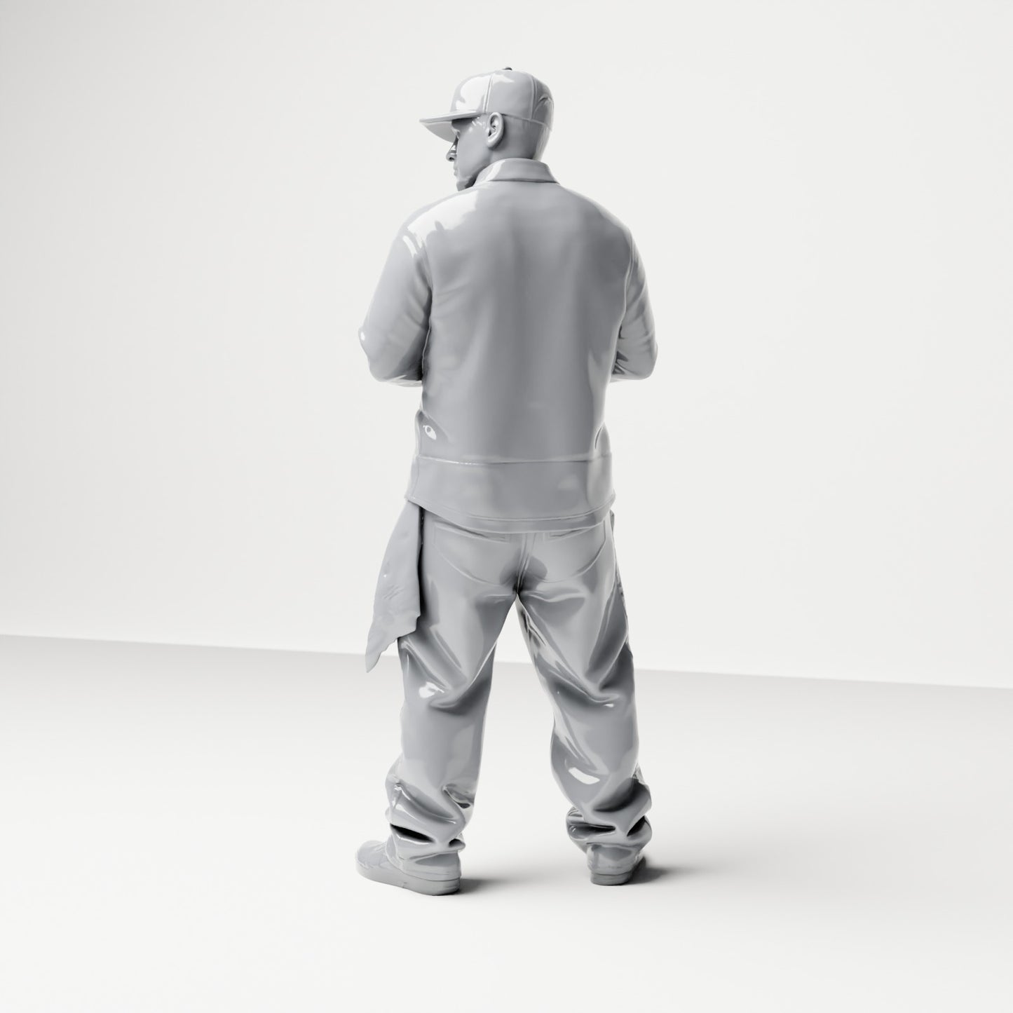 Diorama model building product photo 2: Standing figure: Man with cap & folded hands, shirt with breast pockets, cloth in pocket (B030)