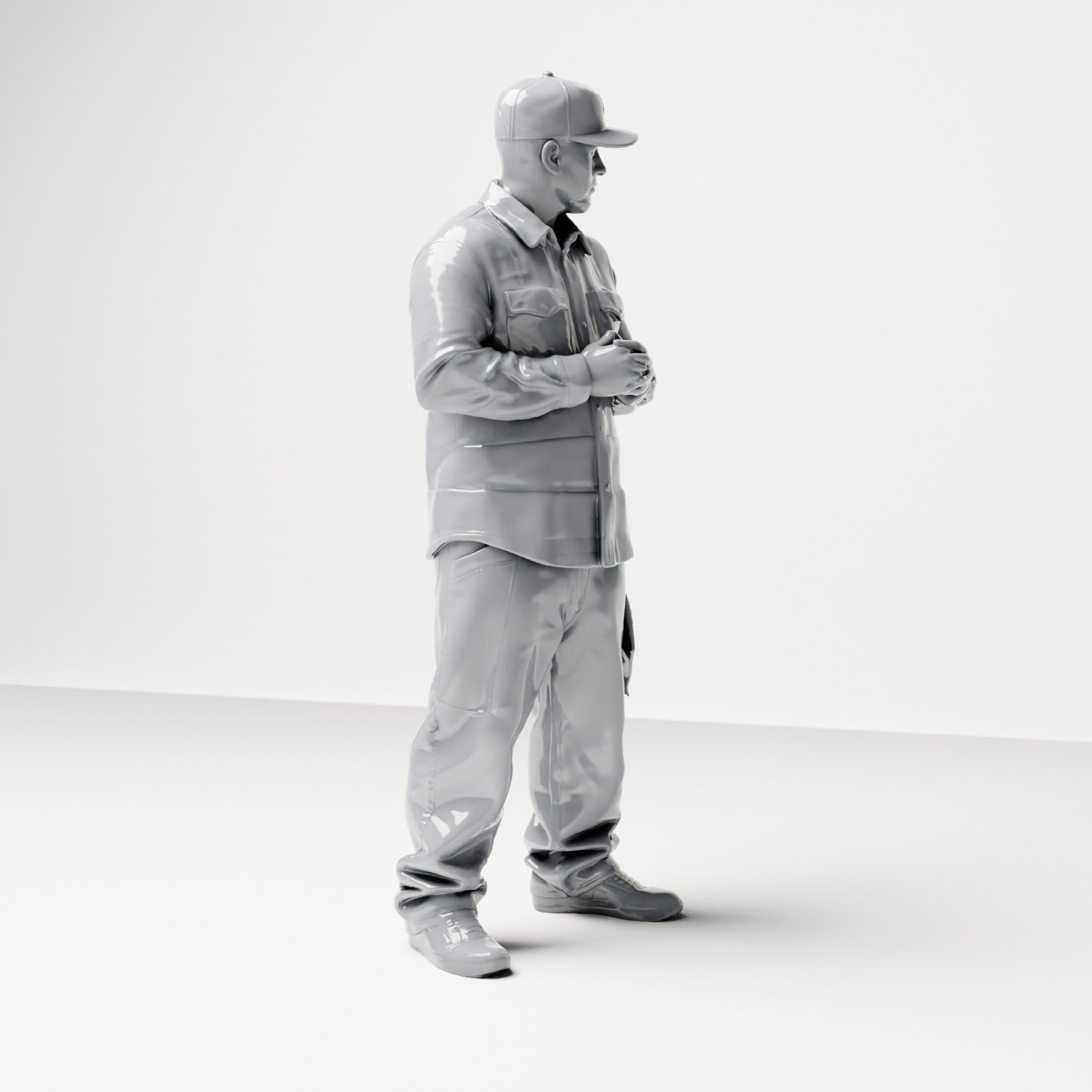 Diorama model building product photo 3: Standing figure: Man with cap & folded hands, shirt with chest pockets, cloth in pocket (B030)