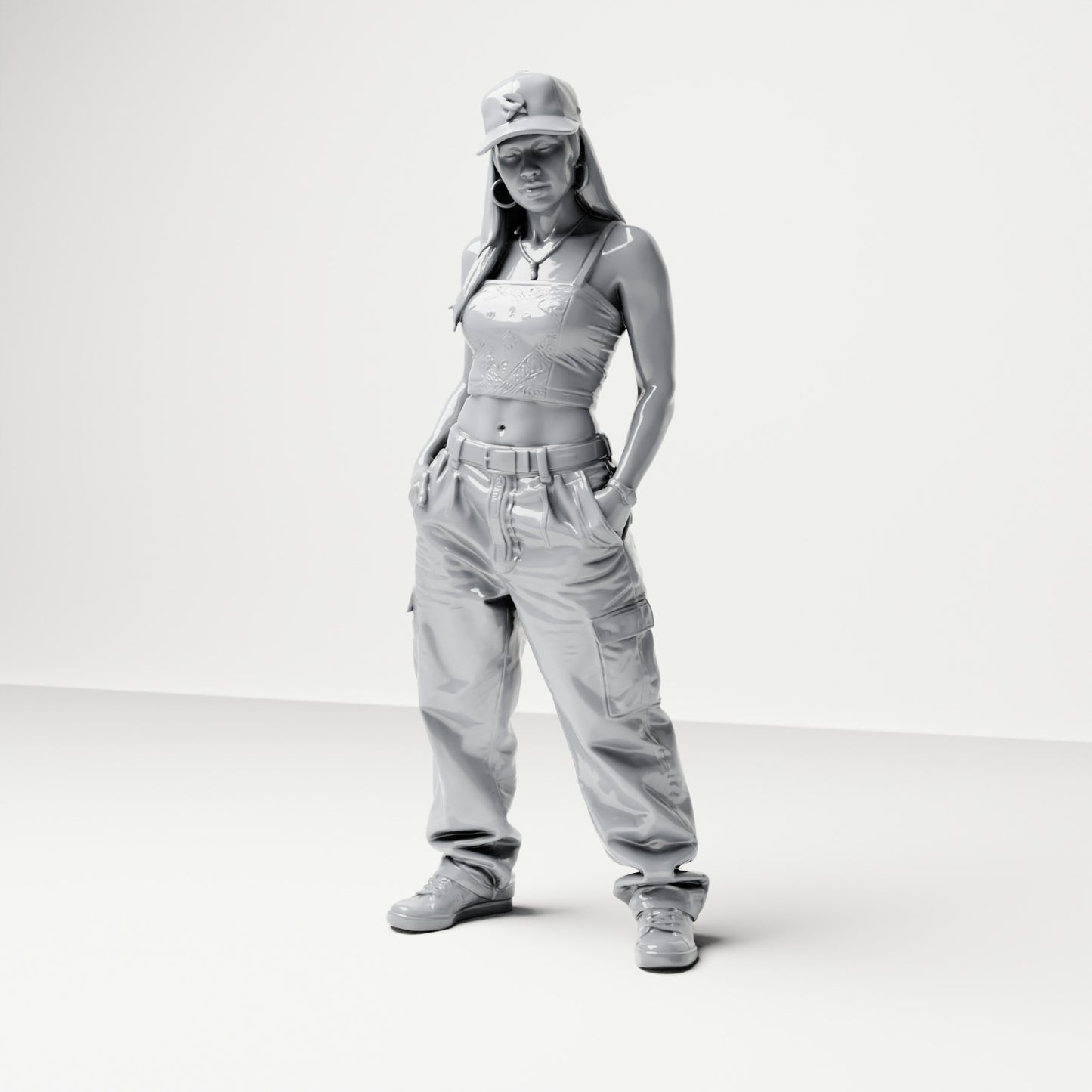 Diorama model building product photo 0: Standing figure: Woman with cap, cropped top & cargo pants, hands in pockets (B031)
