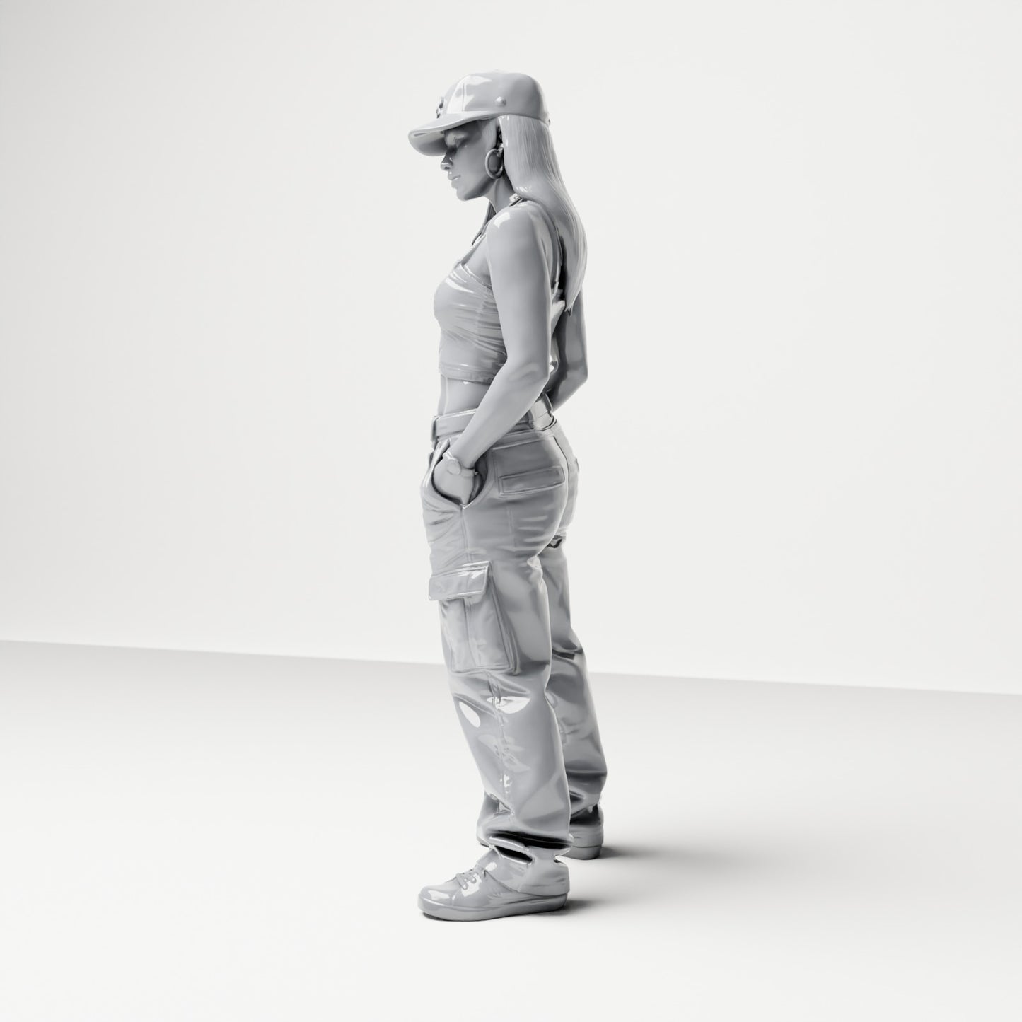 Diorama model building product photo 1: Standing figure: Woman with baseball cap, crop top & cargo pants, hands in pockets (B031)