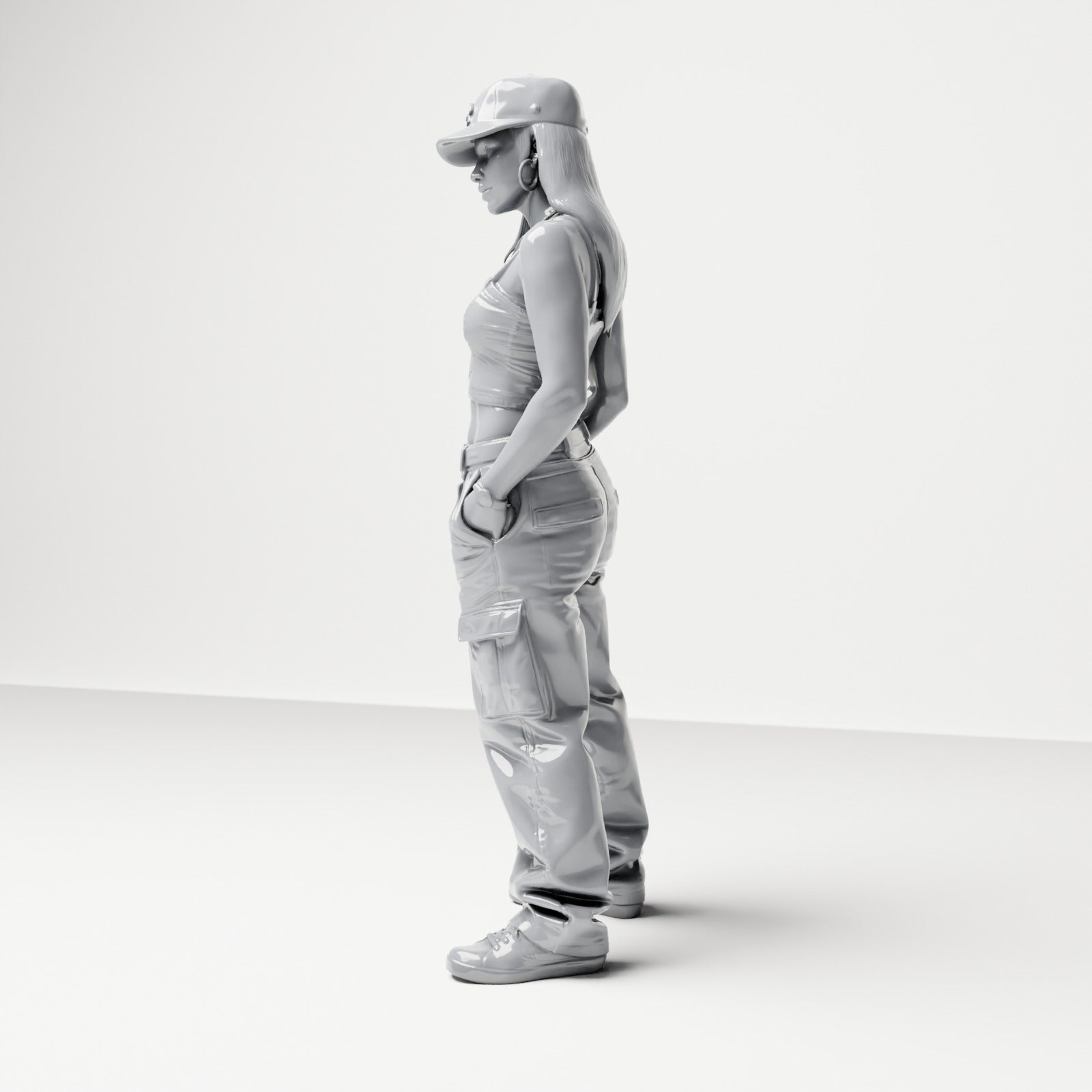 Diorama model building product photo 1: Standing figure: Woman with baseball cap, crop top & cargo pants, hands in pockets (B031)