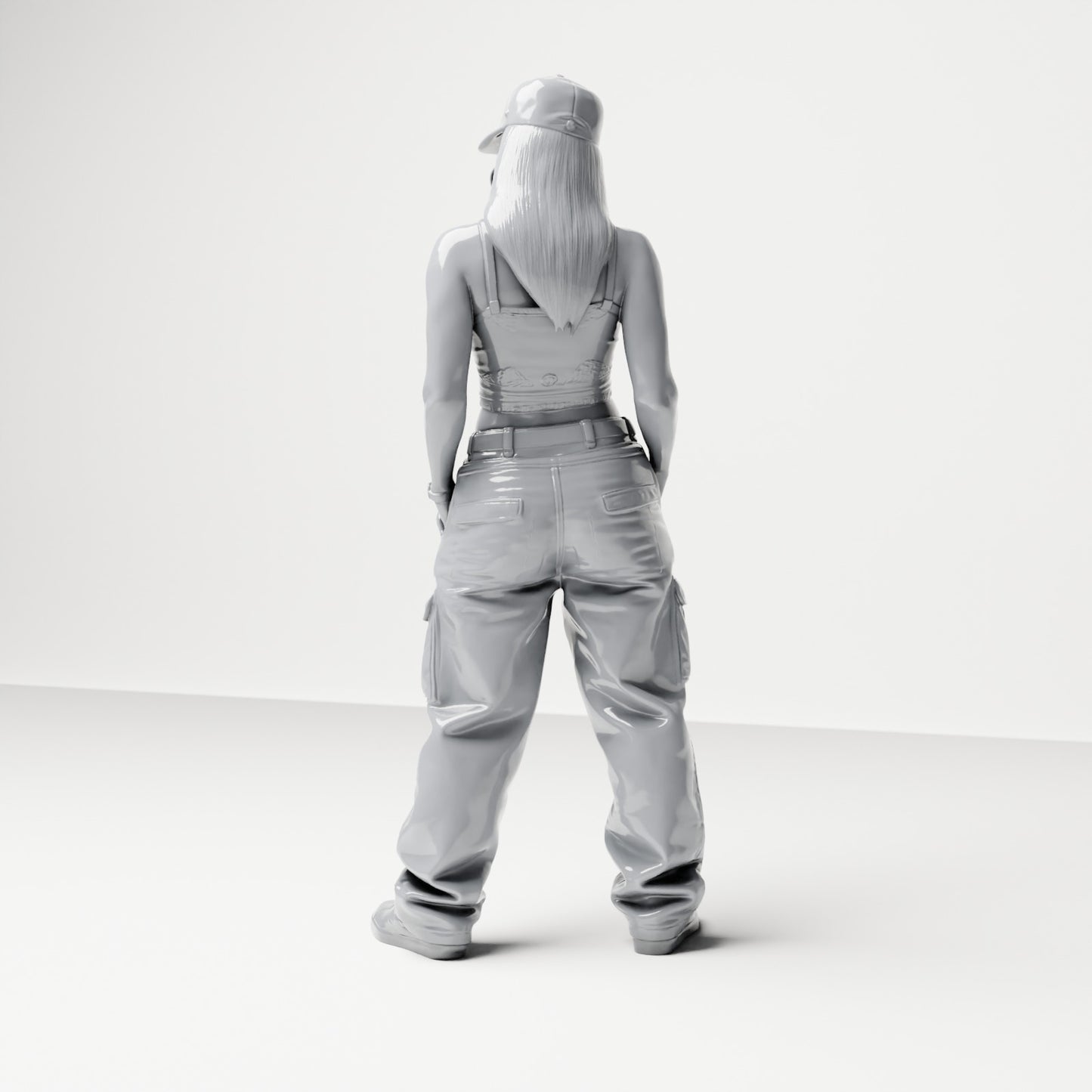 Diorama model building product photo 2: Standing figure: Woman with cap, crop top & cargo pants, hands in pockets (B031)