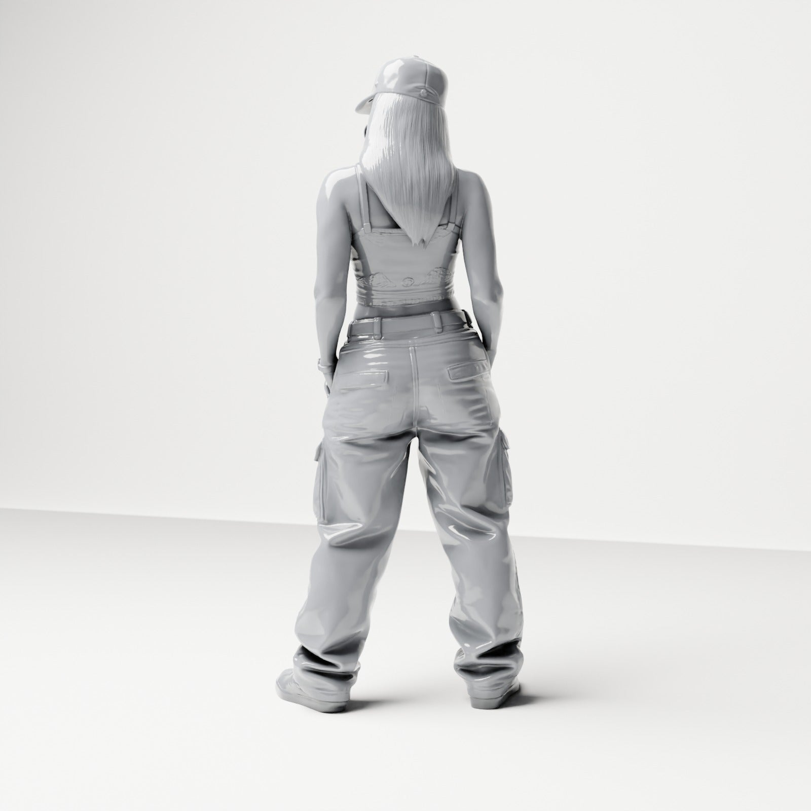Diorama model building product photo 2: Standing figure: Woman with cap, crop top & cargo pants, hands in pockets (B031)