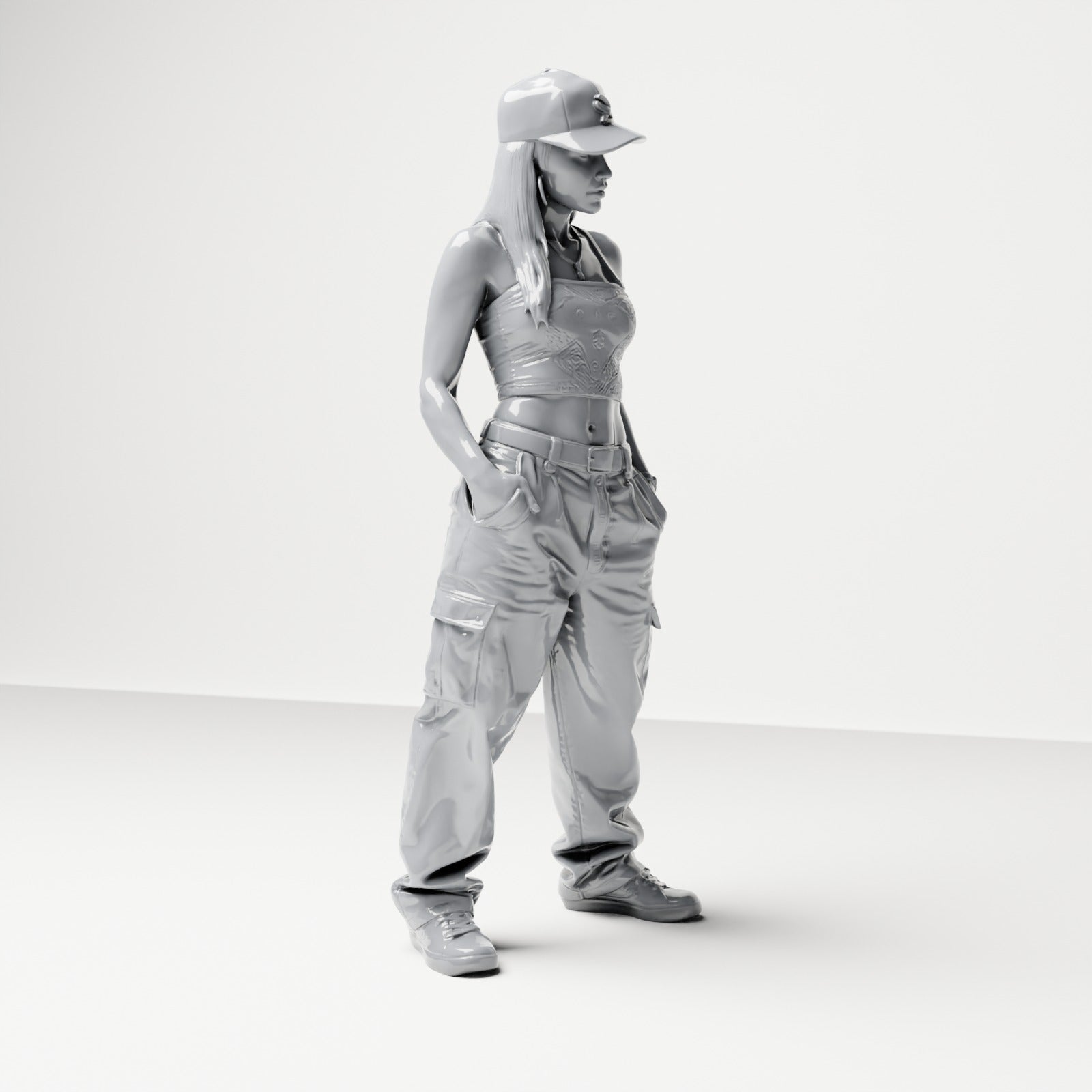 Diorama model building product photo 3: Standing figure: Woman with baseball cap, crop top & cargo pants, hands in pockets (B031)