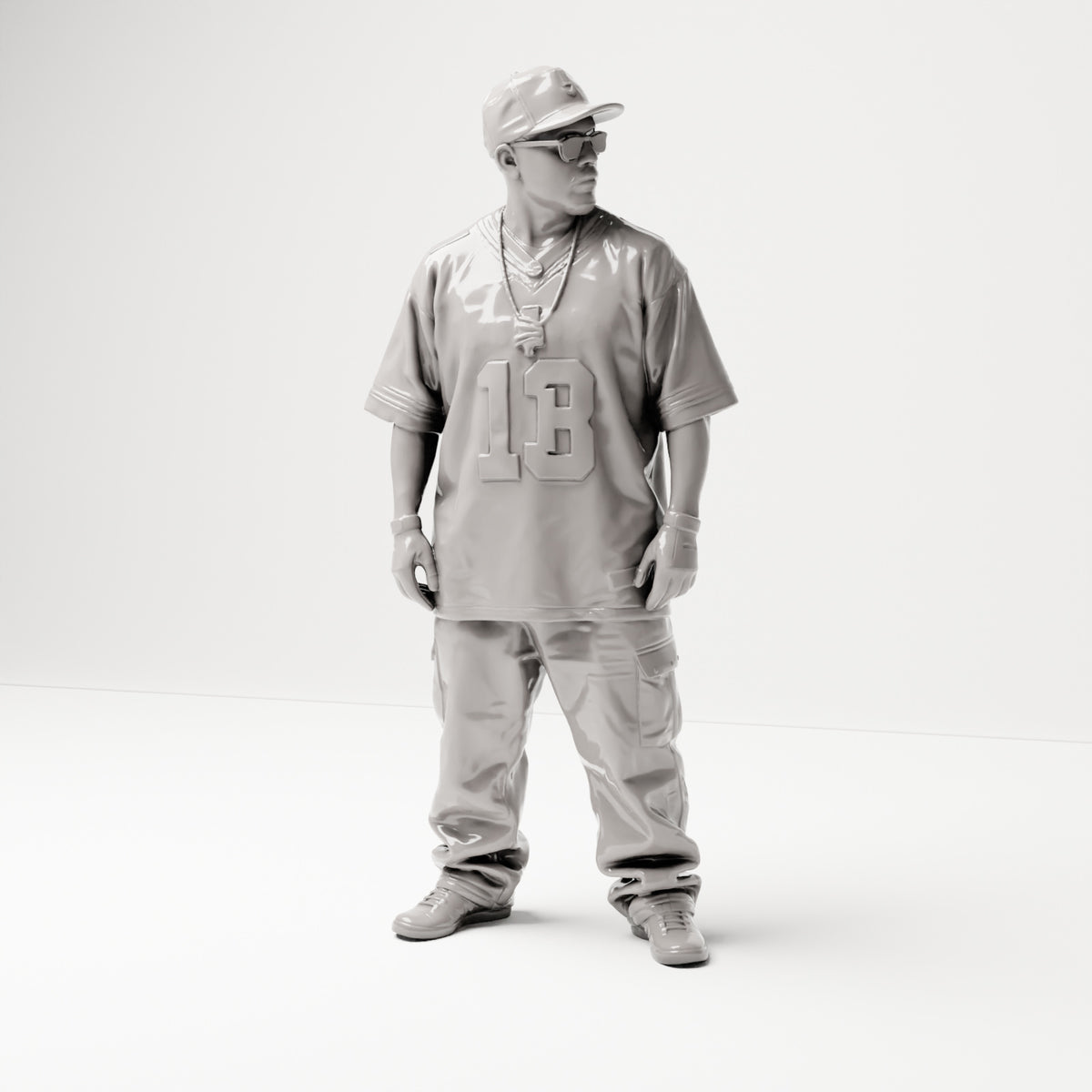 Stehende Figur: Hip-Hopper mit Kappe, Sonnenbrille & Sporttrikot 13 (B032) - Vorderansicht