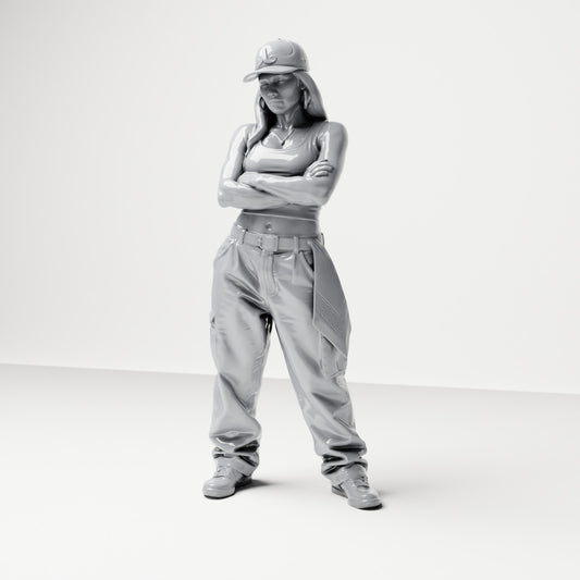 Diorama model building product photo 0: Standing figure: Person with cap, short top, wide pants & sneakers, arms crossed (B033)