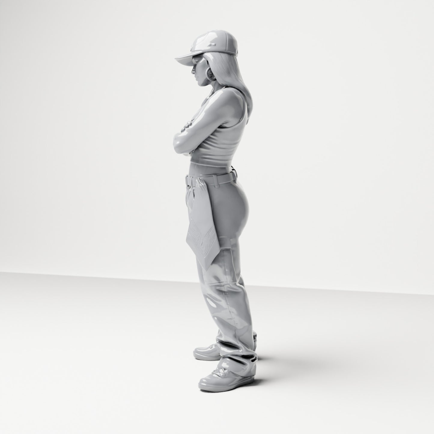 Diorama model building product photo 1: Standing figure: Person with baseball cap, short top, wide pants & sneakers, arms crossed (B033)