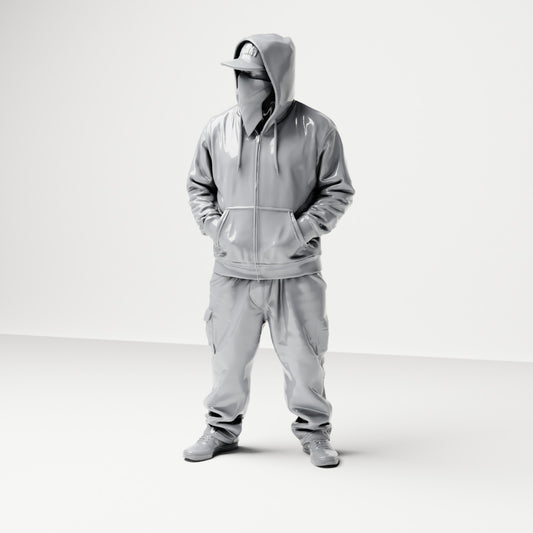 Diorama model building product photo 0: Standing figure: Person with hoodie, baseball cap & face cloth, hands in pockets (B034)