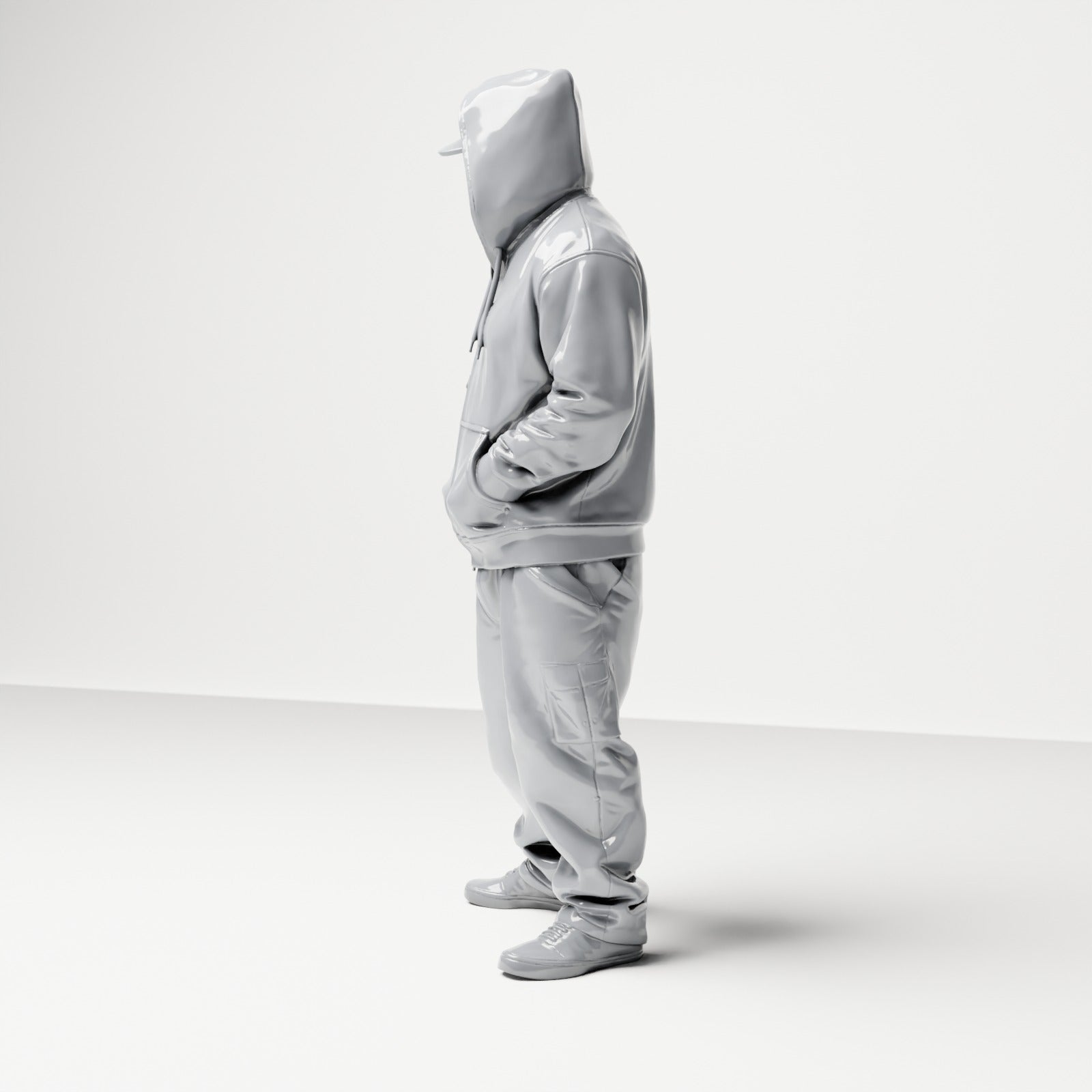 Diorama model building product photo 1: Standing figure: Person with hoodie, baseball cap & face scarf, hands in pockets (B034)