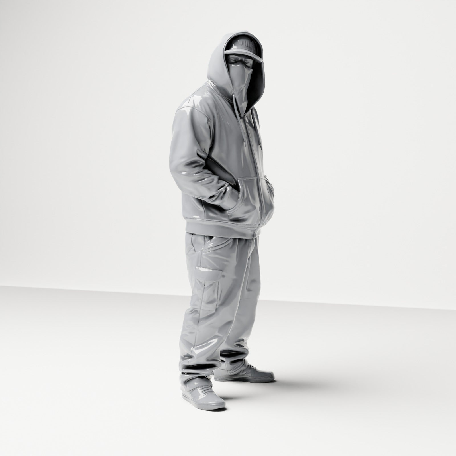 Diorama model building product photo 3: Standing figure: Person with hooded jacket, baseball cap & face cloth, hands in pockets (B034)