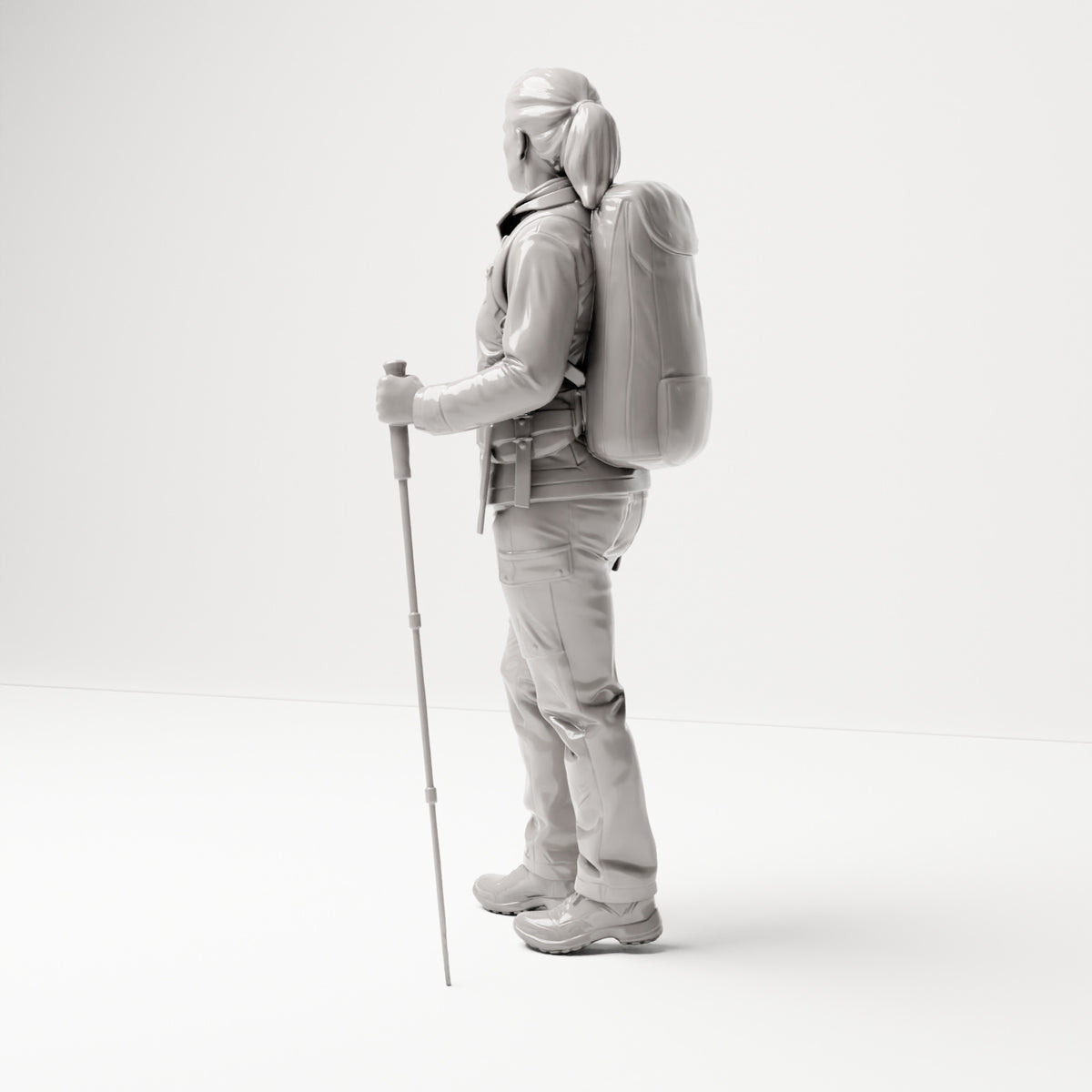 Stehende Figur: Wanderer mit Rucksack & zwei Trekkingstöcken (B039) - linke Seitenansicht