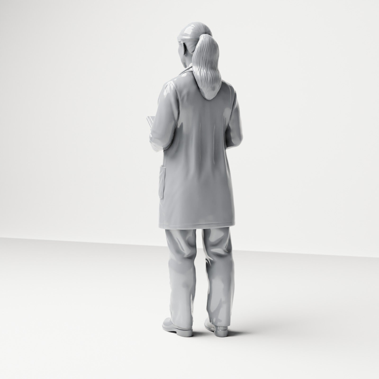 Diorama model-making product photo 2: Standing figure: Female doctor with clipboard & stethoscope (B044)