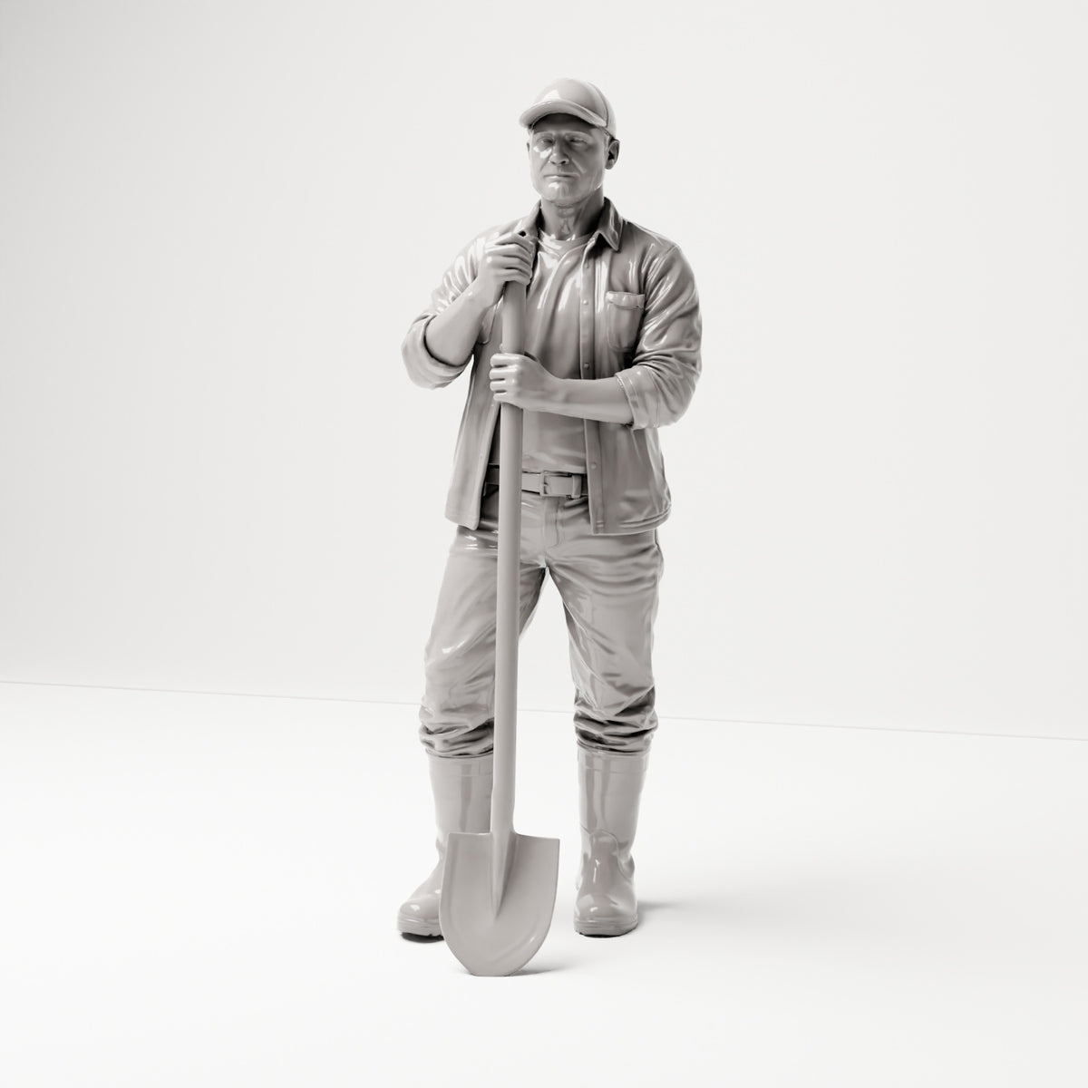 Stehende Figur: Bauarbeiter mit langstieliger Schaufel (B045) - Vorderansicht