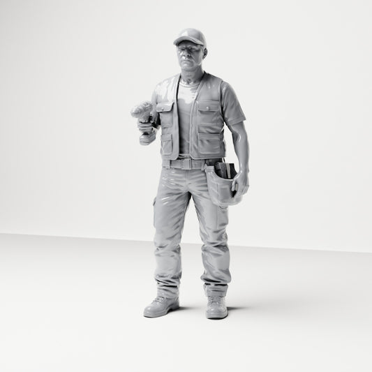 Diorama model-making product photo 0: Standing figure: craftsman with tool bag & cordless screwdriver (B046)