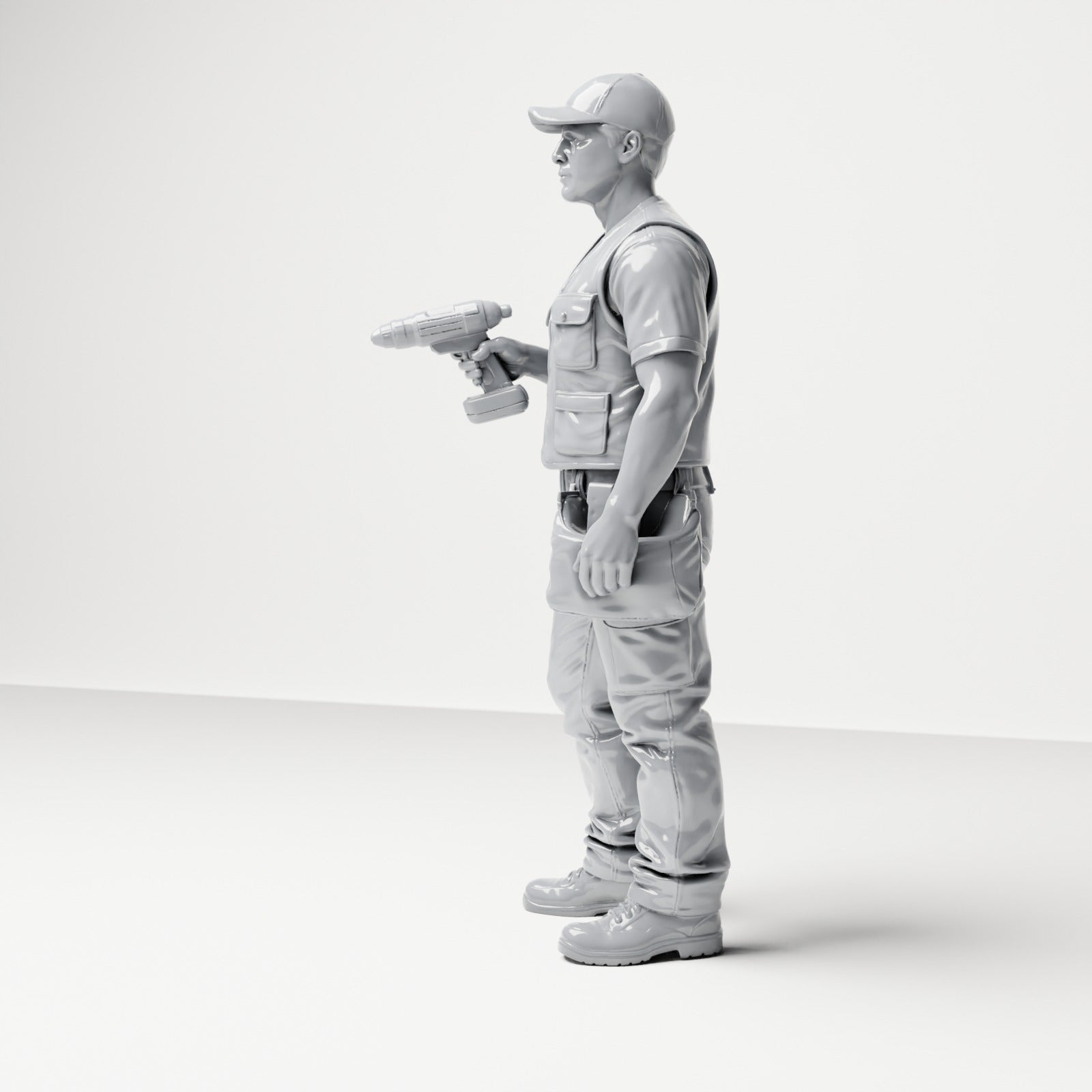 Diorama model-making product photo 1: Standing figure: craftsman with tool bag & cordless screwdriver (B046)