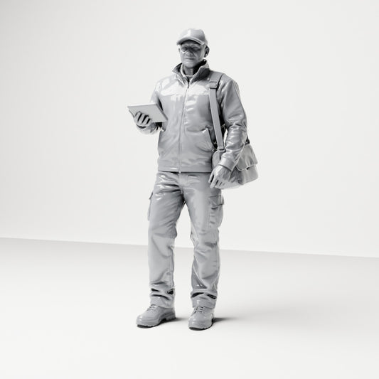 Diorama model-making product photo 0: Standing figure: parcel delivery driver with cap, shoulder bag & handheld device (B048)