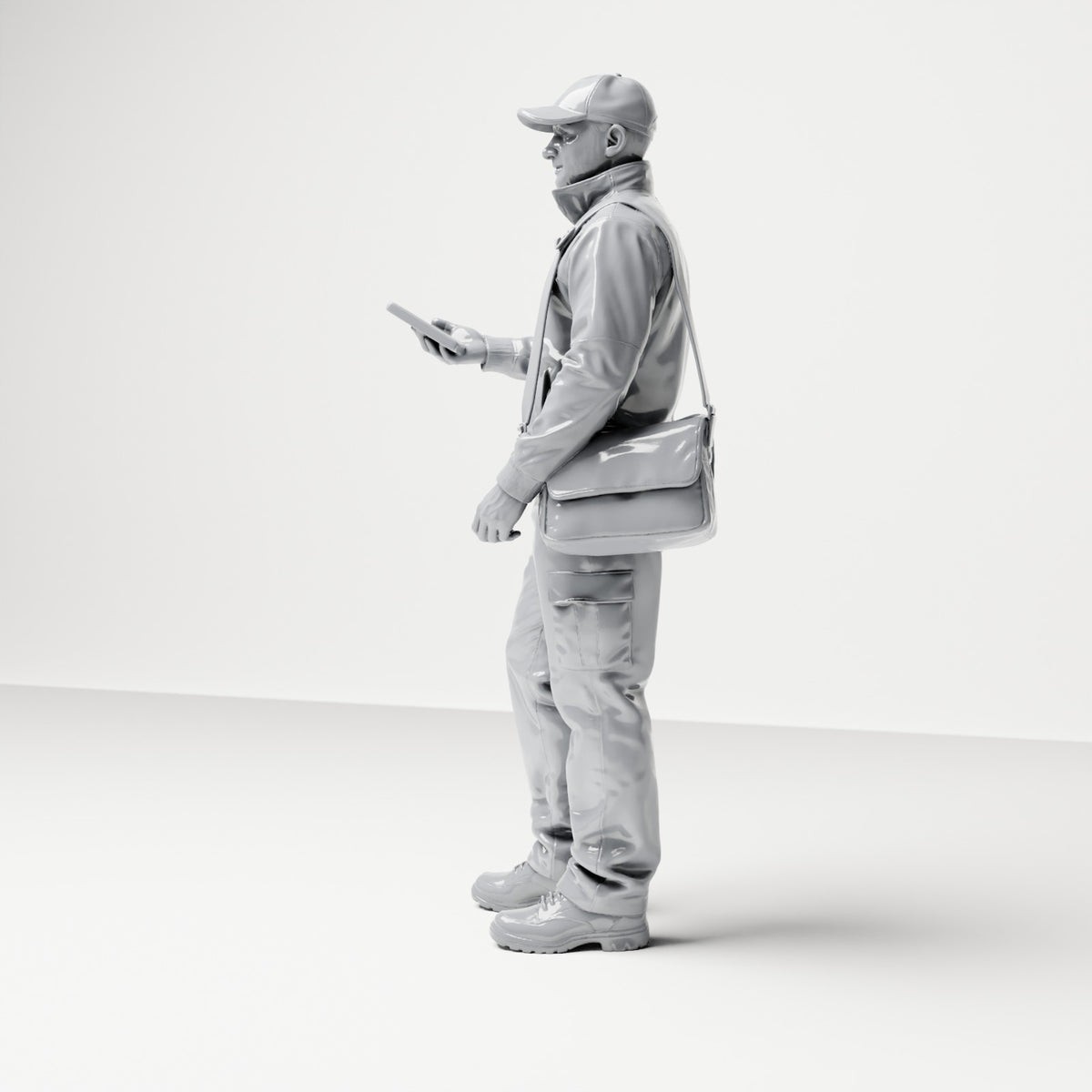Diorama model making product photo 1: Standing figure: parcel courier with cap, shoulder bag & handheld device (B048)