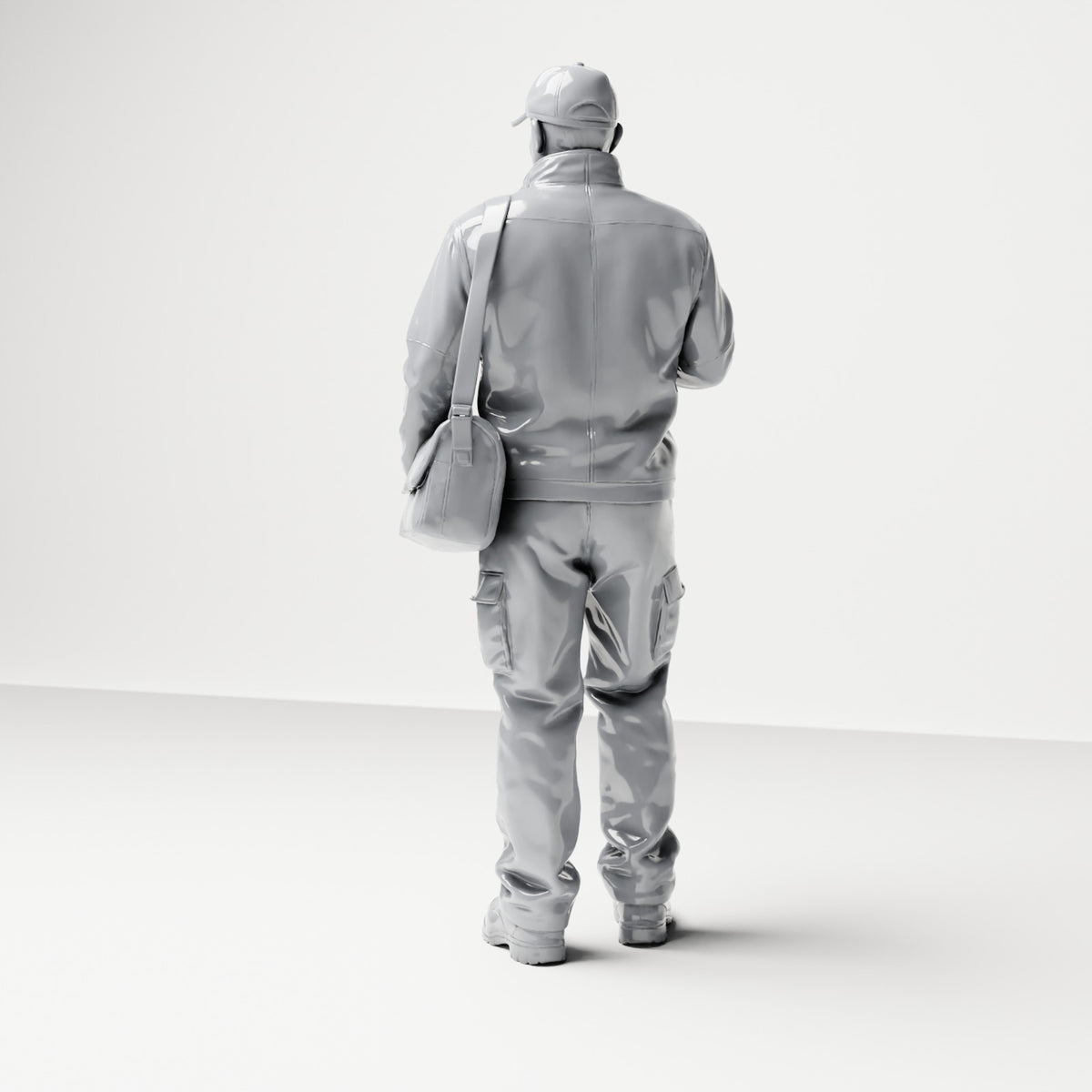 Diorama model-making product photo 2: Standing figure: parcel courier with cap, shoulder bag & handheld device (B048)