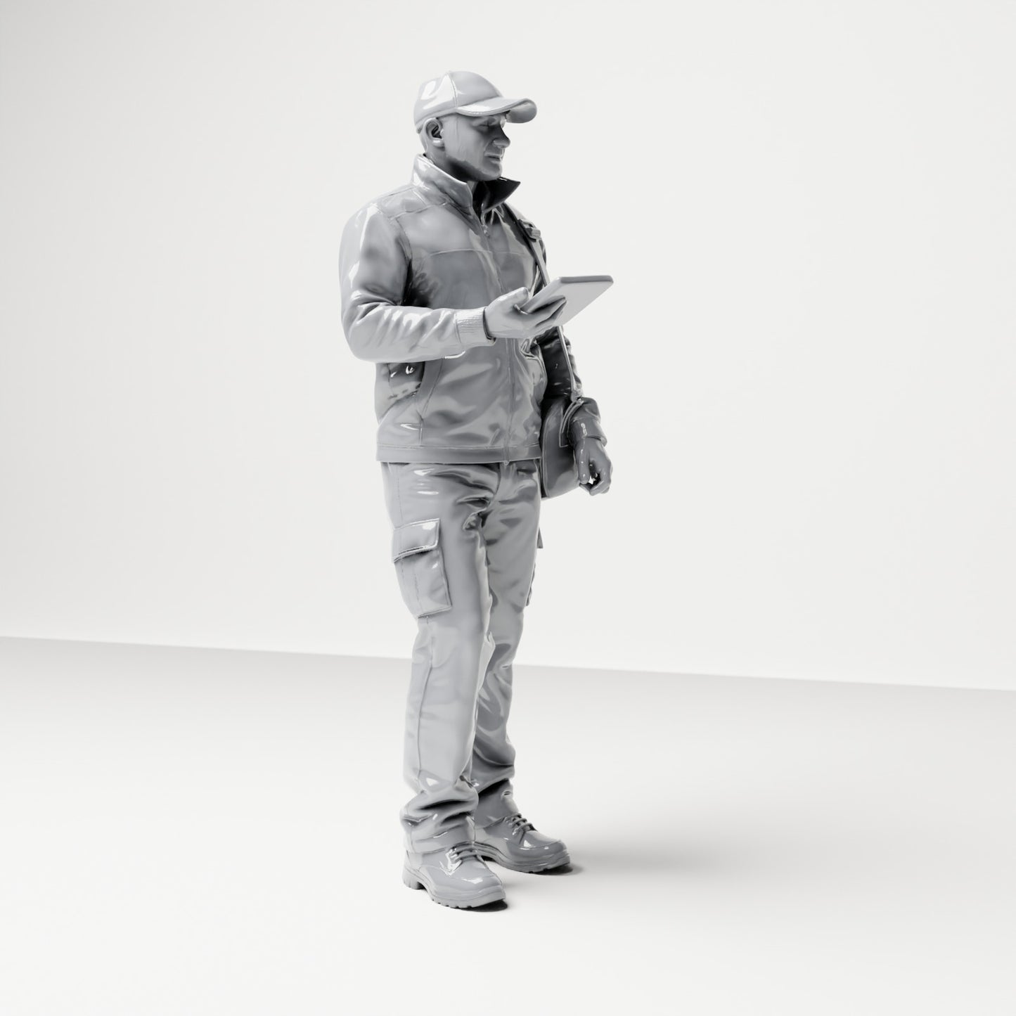 Diorama model-making product photo 3: Standing figure: parcel carrier with cap, shoulder bag & handheld device (B048)