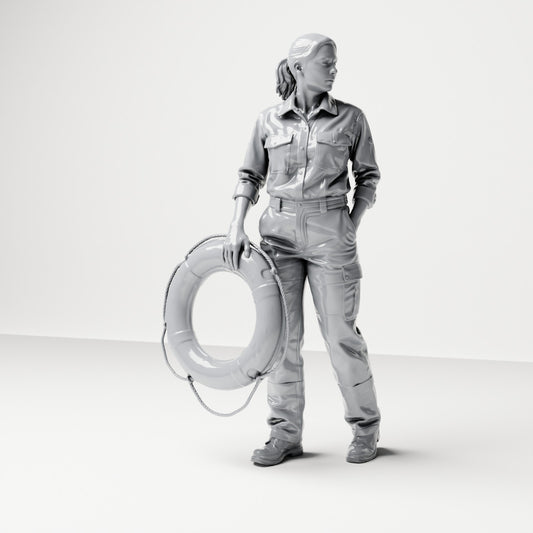 Diorama model-making product photo 0: Standing figure: female ship crew member in workwear with lifebuoy (B049)