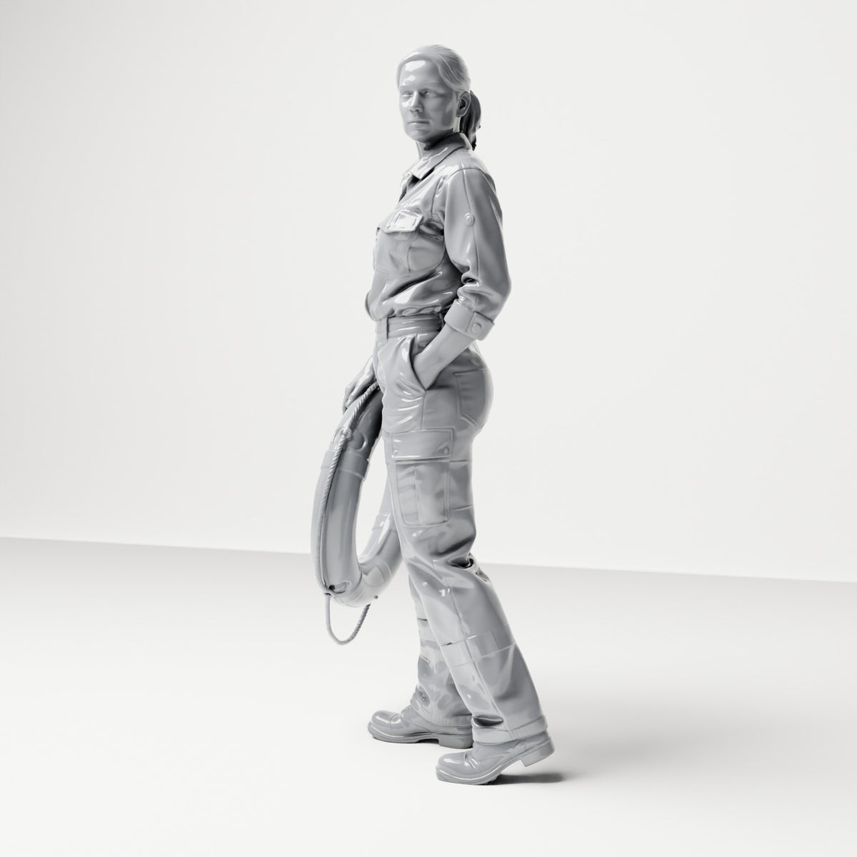 Diorama model-making product photo 1: Standing figure: female ship crew member in workwear with lifebuoy (B049)