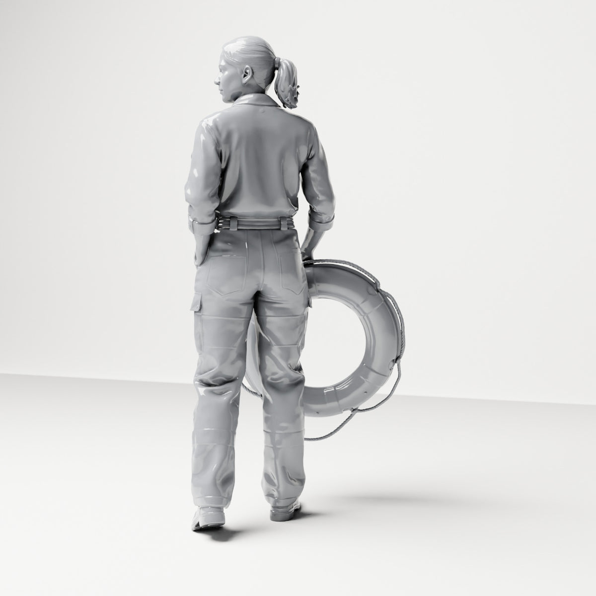Diorama model kit product photo 2: Standing figure: female ship crew member in workwear with lifebuoy (B049)