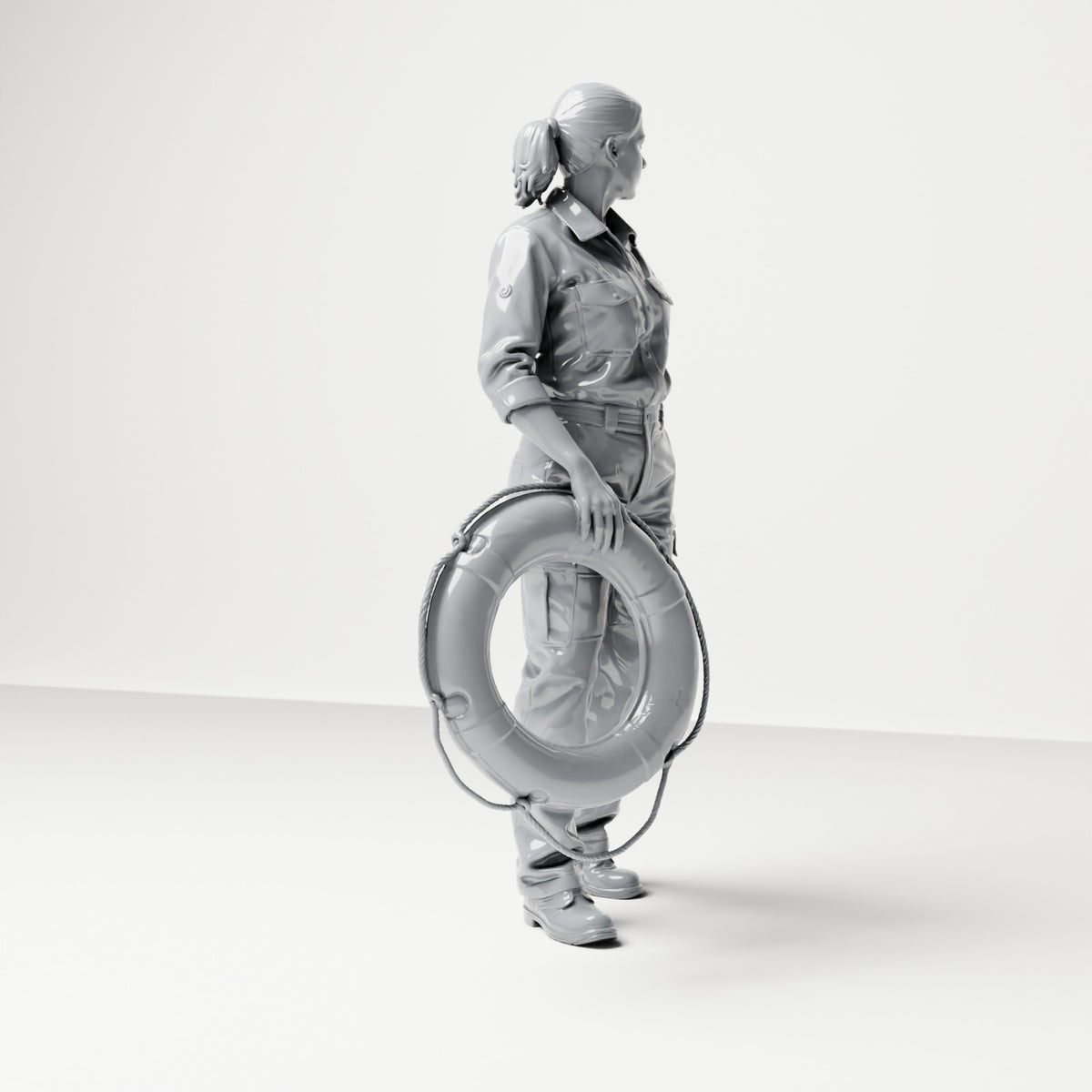 Diorama model-making product photo 3: Standing figure: female ship crew member in workwear with lifebuoy (B049)