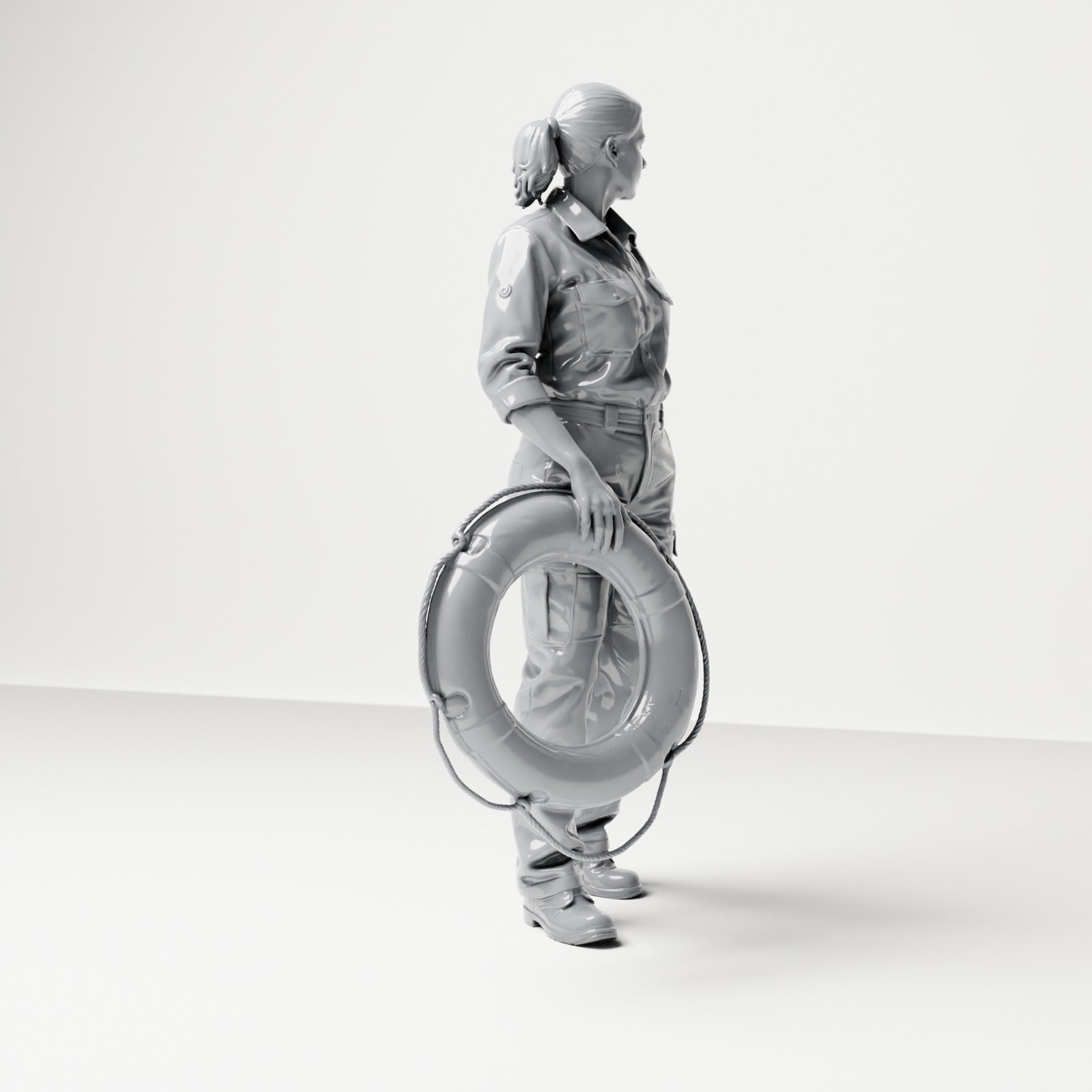 Diorama model-making product photo 3: Standing figure: female ship crew member in workwear with lifebuoy (B049)