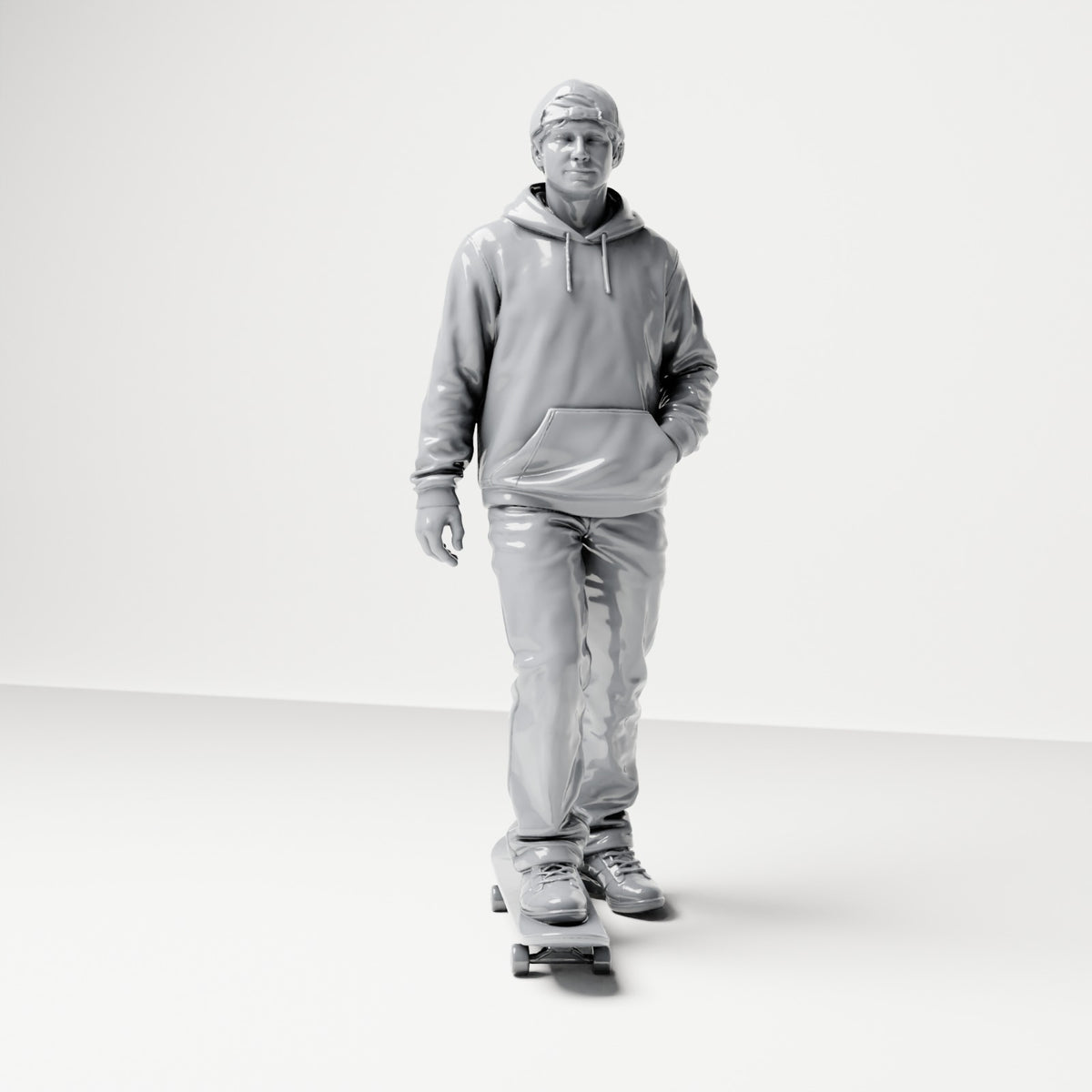 Diorama model-making product photo 0: Standing figure: Skater with cap, hoodie & skateboard (B054)