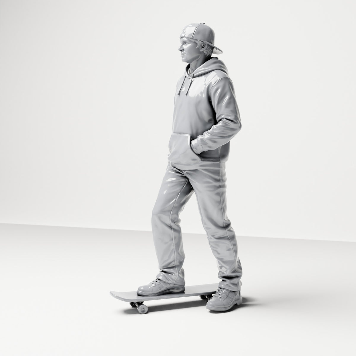 Diorama model-making product photo 1: Standing figure: Skater with cap, hoodie & skateboard (B054)