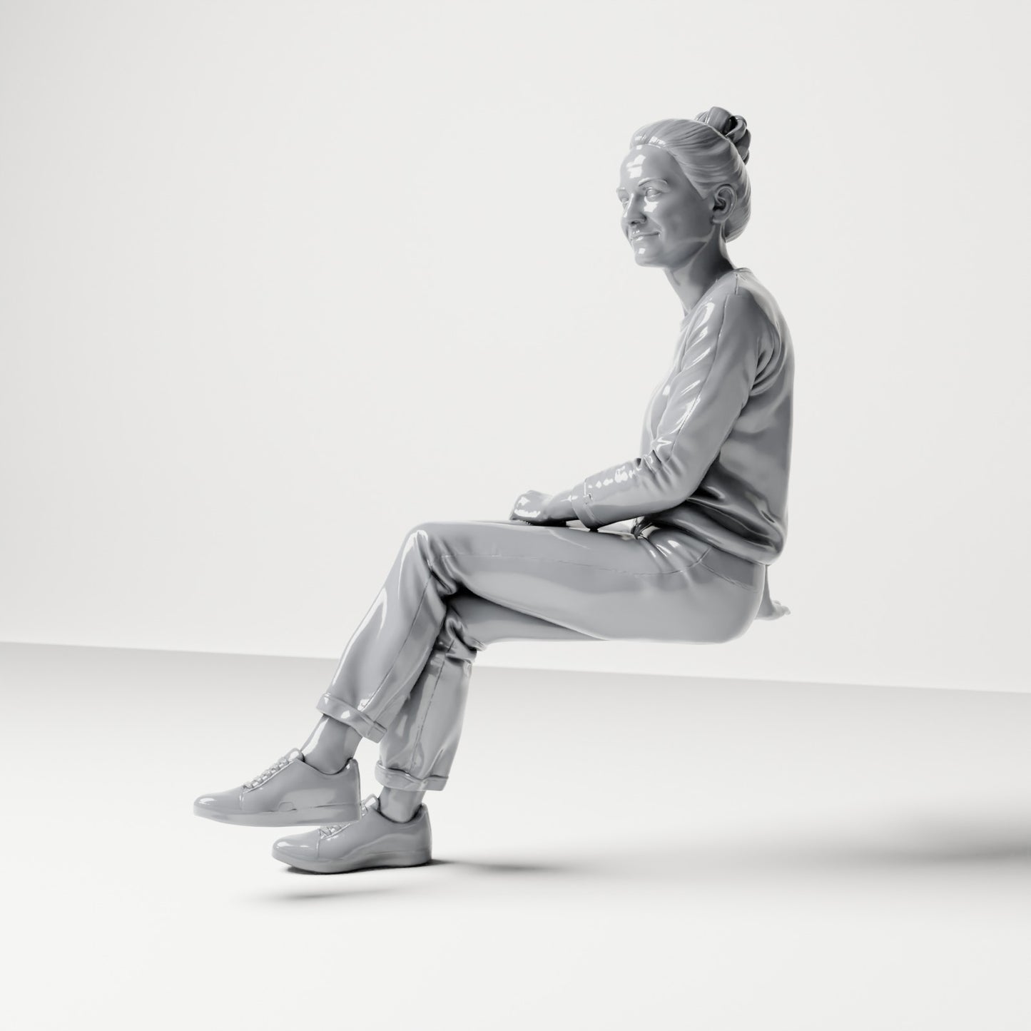 Diorama model-making product photo 1: Seated female spectator with crossed legs and hands in her lap (B055)