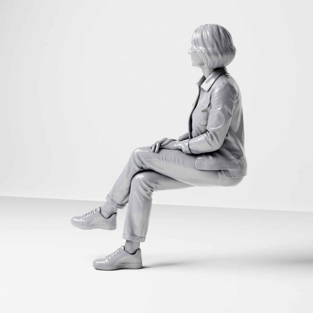 Diorama model-making product photo 1: Seated figure: female spectator with crossed legs and hands on her knee (B056)